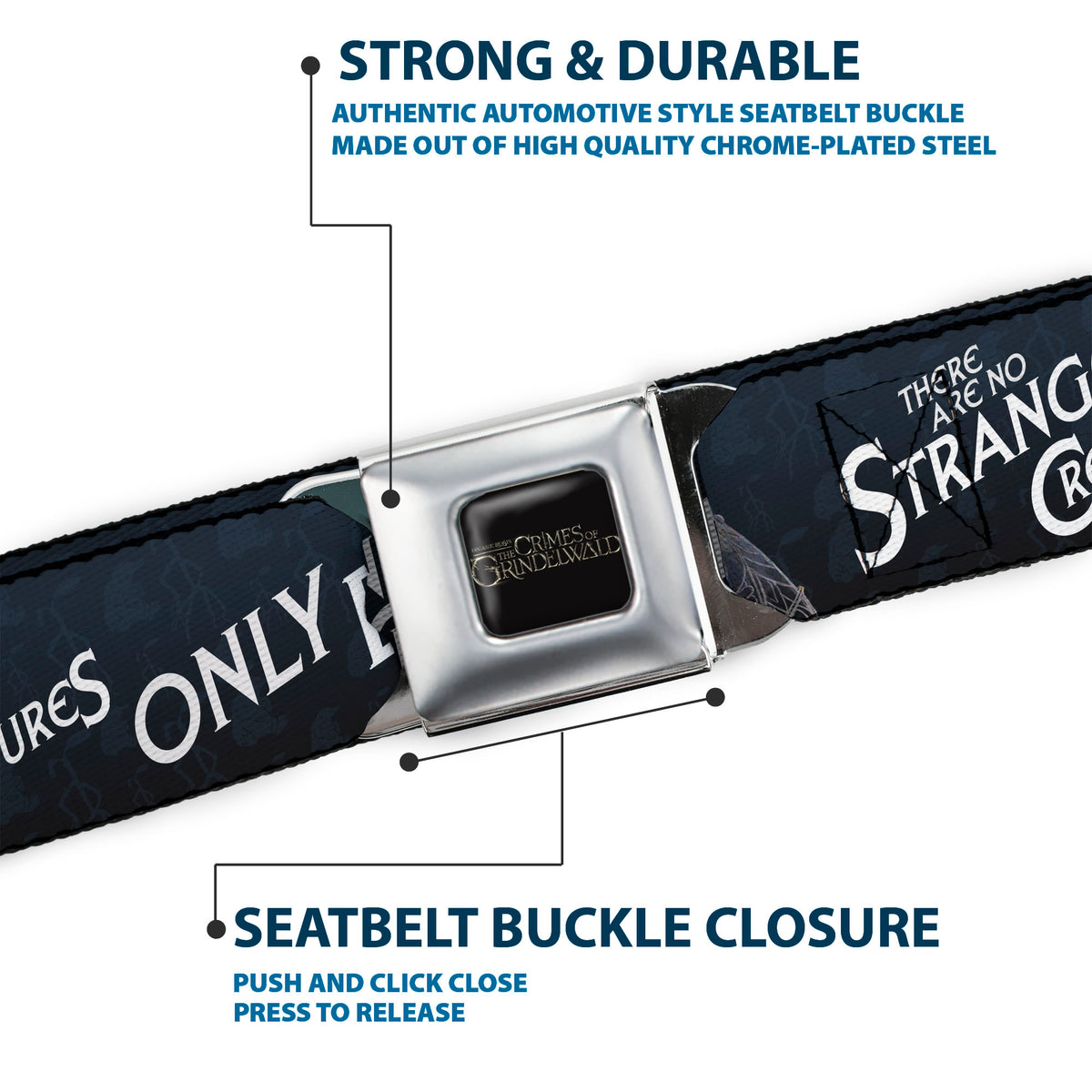 FANTASTIC BEASTS THE CRIMES OF GRINDELWALD Logo Full Color Black/Silvers Seatbelt Belt - Pickett & Niffler Pose THERE ARE NO STRANGE CREATURES ONLY BLINKERED PEOPLE Blues/White Webbing Seatbelt Belts Fantastic Beasts and Where to Find Them