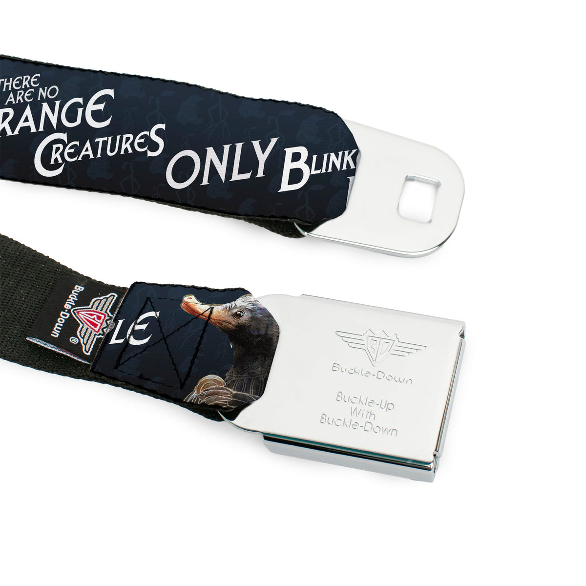 FANTASTIC BEASTS THE CRIMES OF GRINDELWALD Logo Full Color Black/Silvers Seatbelt Belt - Pickett & Niffler Pose THERE ARE NO STRANGE CREATURES ONLY BLINKERED PEOPLE Blues/White Webbing Seatbelt Belts Fantastic Beasts and Where to Find Them