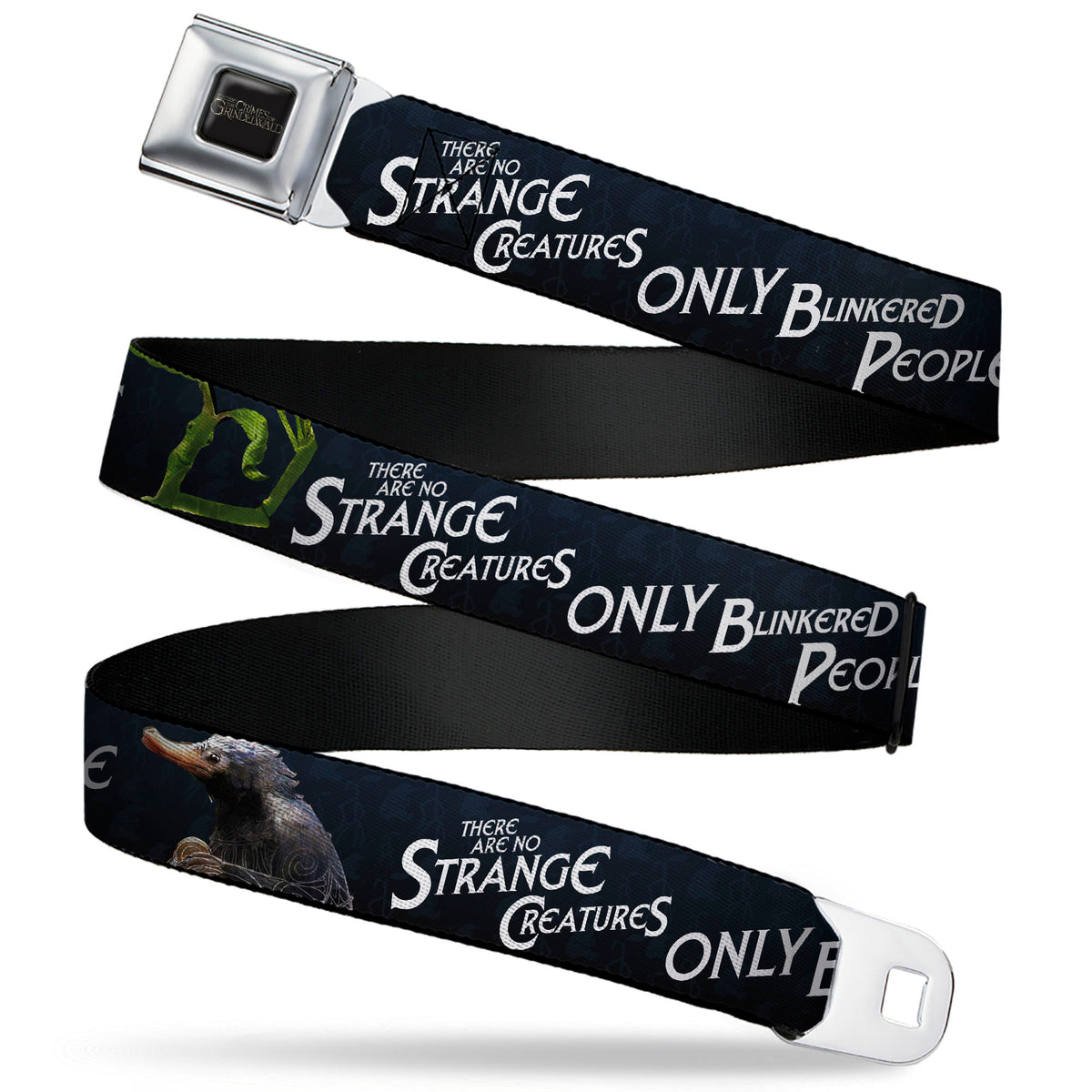 FANTASTIC BEASTS THE CRIMES OF GRINDELWALD Logo Full Color Black/Silvers Seatbelt Belt - Pickett & Niffler Pose THERE ARE NO STRANGE CREATURES ONLY BLINKERED PEOPLE Blues/White Webbing Seatbelt Belts Fantastic Beasts and Where to Find Them