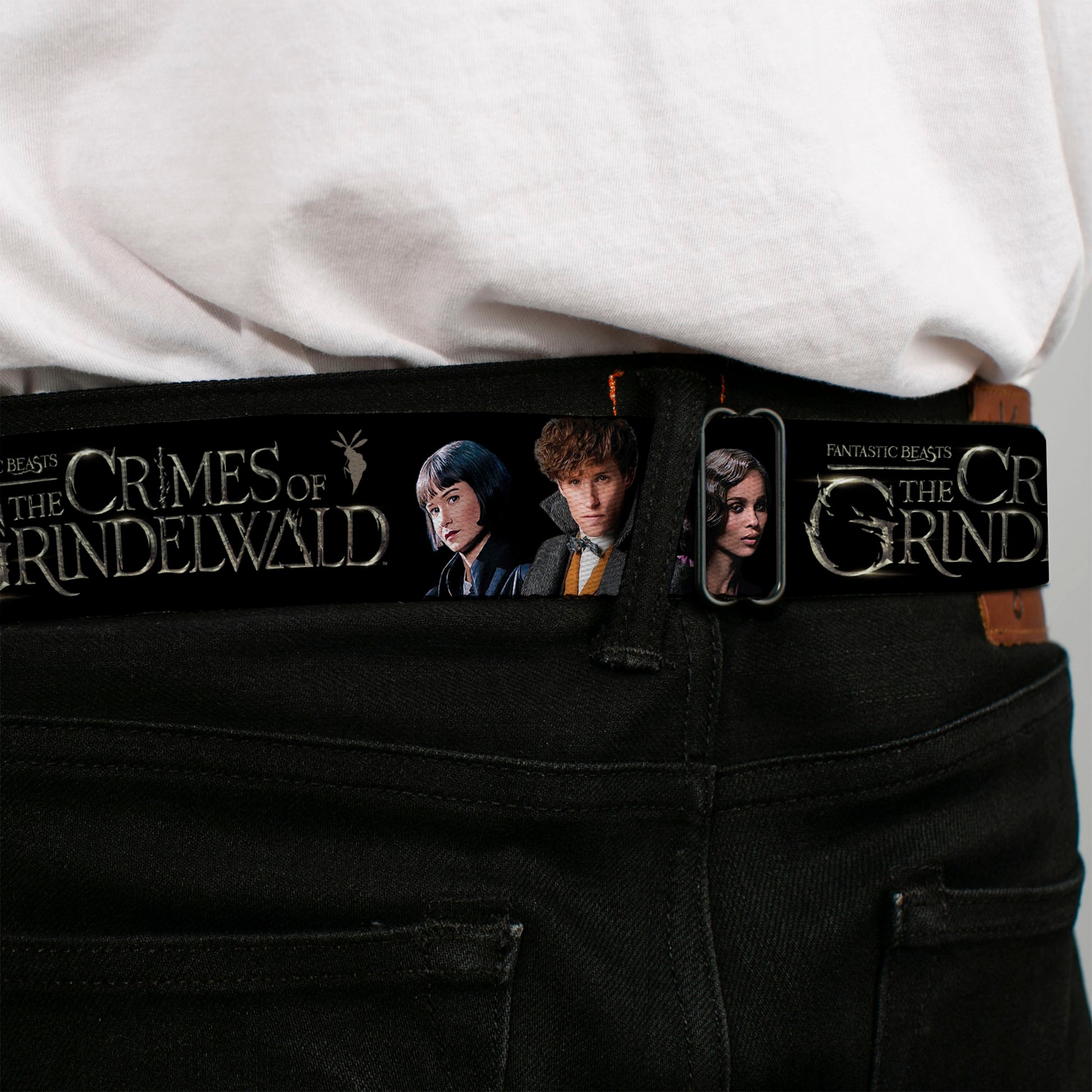 FANTASTIC BEASTS THE CRIMES OF GRINDELWALD Logo Full Color Black/Silvers Seatbelt Belt - FANTASTIC BEASTS THE CRIMES OF GRINDELWALD 3-Character Group Pose Black/Silvers Webbing Seatbelt Belts Fantastic Beasts and Where to Find Them