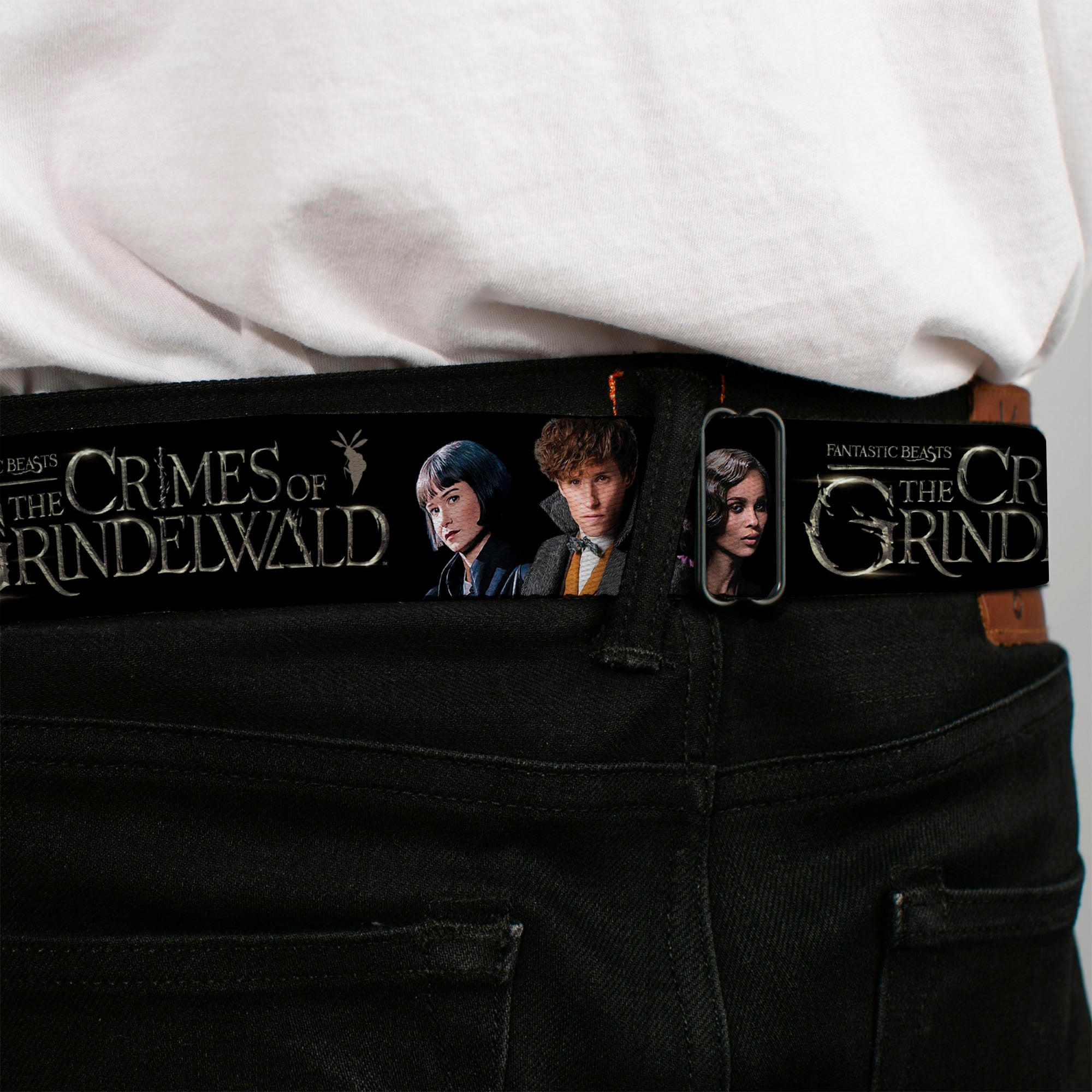 FANTASTIC BEASTS THE CRIMES OF GRINDELWALD Logo Full Color Black/Silvers Seatbelt Belt - FANTASTIC BEASTS THE CRIMES OF GRINDELWALD 3-Character Group Pose Black/Silvers Webbing Seatbelt Belts Fantastic Beasts and Where to Find Them