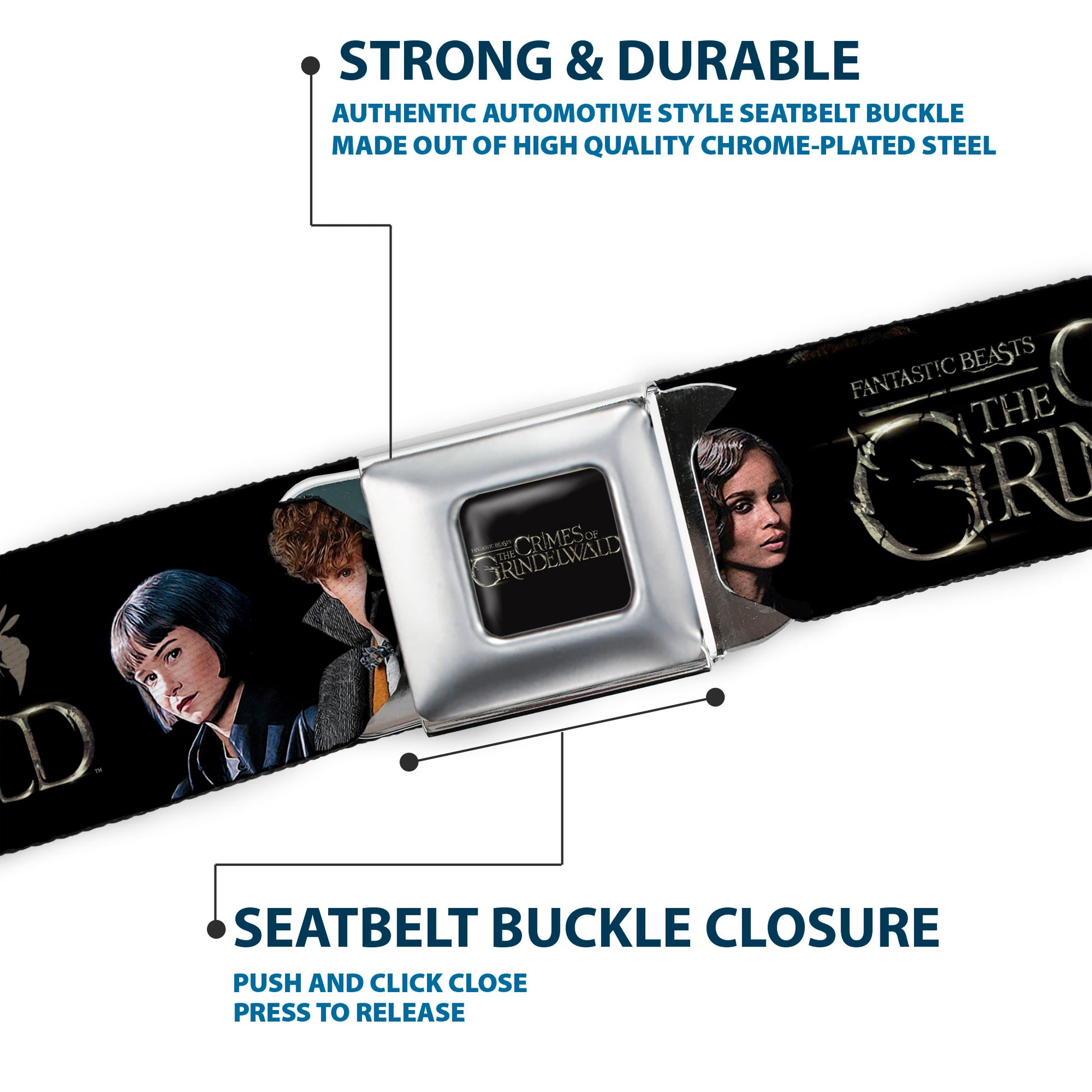FANTASTIC BEASTS THE CRIMES OF GRINDELWALD Logo Full Color Black/Silvers Seatbelt Belt - FANTASTIC BEASTS THE CRIMES OF GRINDELWALD 3-Character Group Pose Black/Silvers Webbing Seatbelt Belts Fantastic Beasts and Where to Find Them