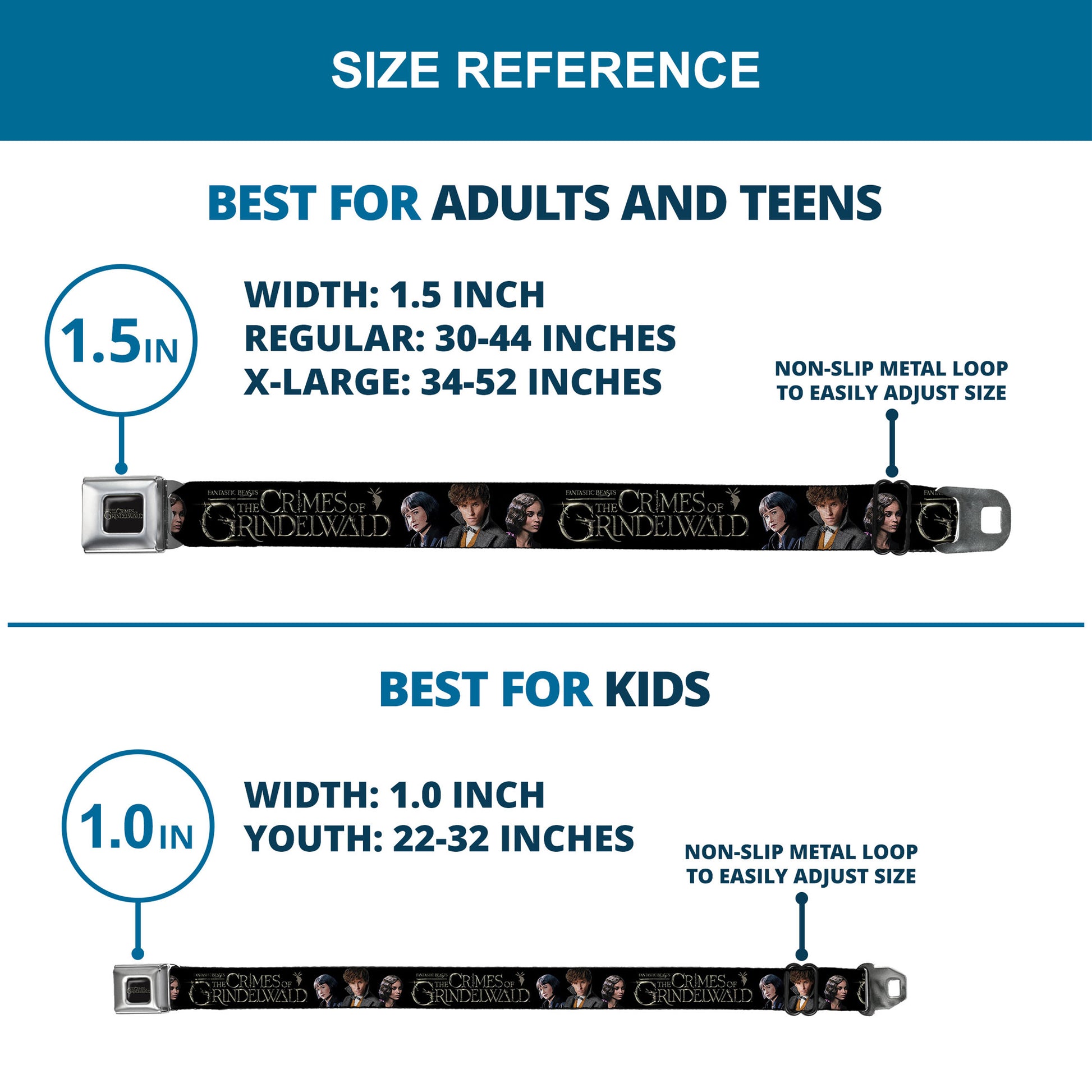 FANTASTIC BEASTS THE CRIMES OF GRINDELWALD Logo Full Color Black/Silvers Seatbelt Belt - FANTASTIC BEASTS THE CRIMES OF GRINDELWALD 3-Character Group Pose Black/Silvers Webbing Seatbelt Belts Fantastic Beasts and Where to Find Them