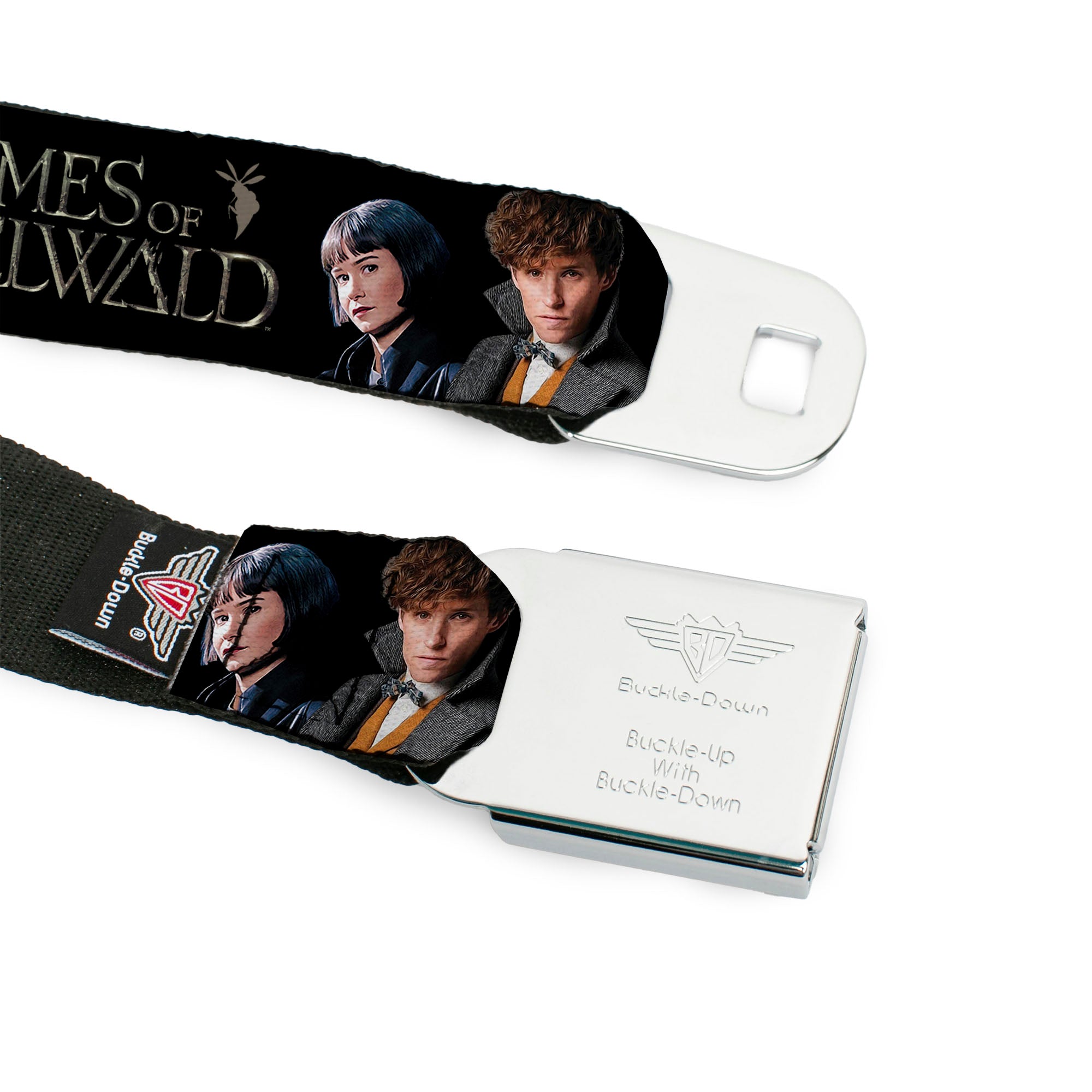 FANTASTIC BEASTS THE CRIMES OF GRINDELWALD Logo Full Color Black/Silvers Seatbelt Belt - FANTASTIC BEASTS THE CRIMES OF GRINDELWALD 3-Character Group Pose Black/Silvers Webbing Seatbelt Belts Fantastic Beasts and Where to Find Them