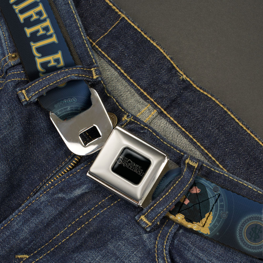 FANTASTIC BEASTS THE CRIMES OF GRINDELWALD Logo Full Color Black/Silvers Seatbelt Belt - NIFFLER Gold Coin Pose/NS Monogam Blues/Gold Webbing Seatbelt Belts Fantastic Beasts and Where to Find Them