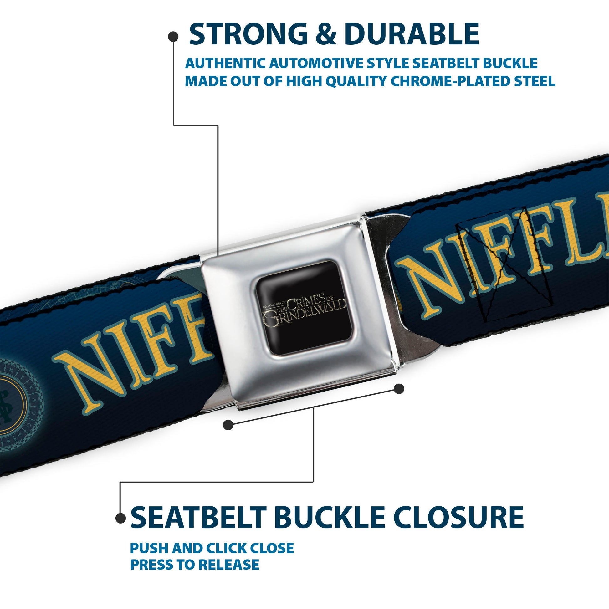FANTASTIC BEASTS THE CRIMES OF GRINDELWALD Logo Full Color Black/Silvers Seatbelt Belt - NIFFLER Gold Coin Pose/NS Monogam Blues/Gold Webbing Seatbelt Belts Fantastic Beasts and Where to Find Them