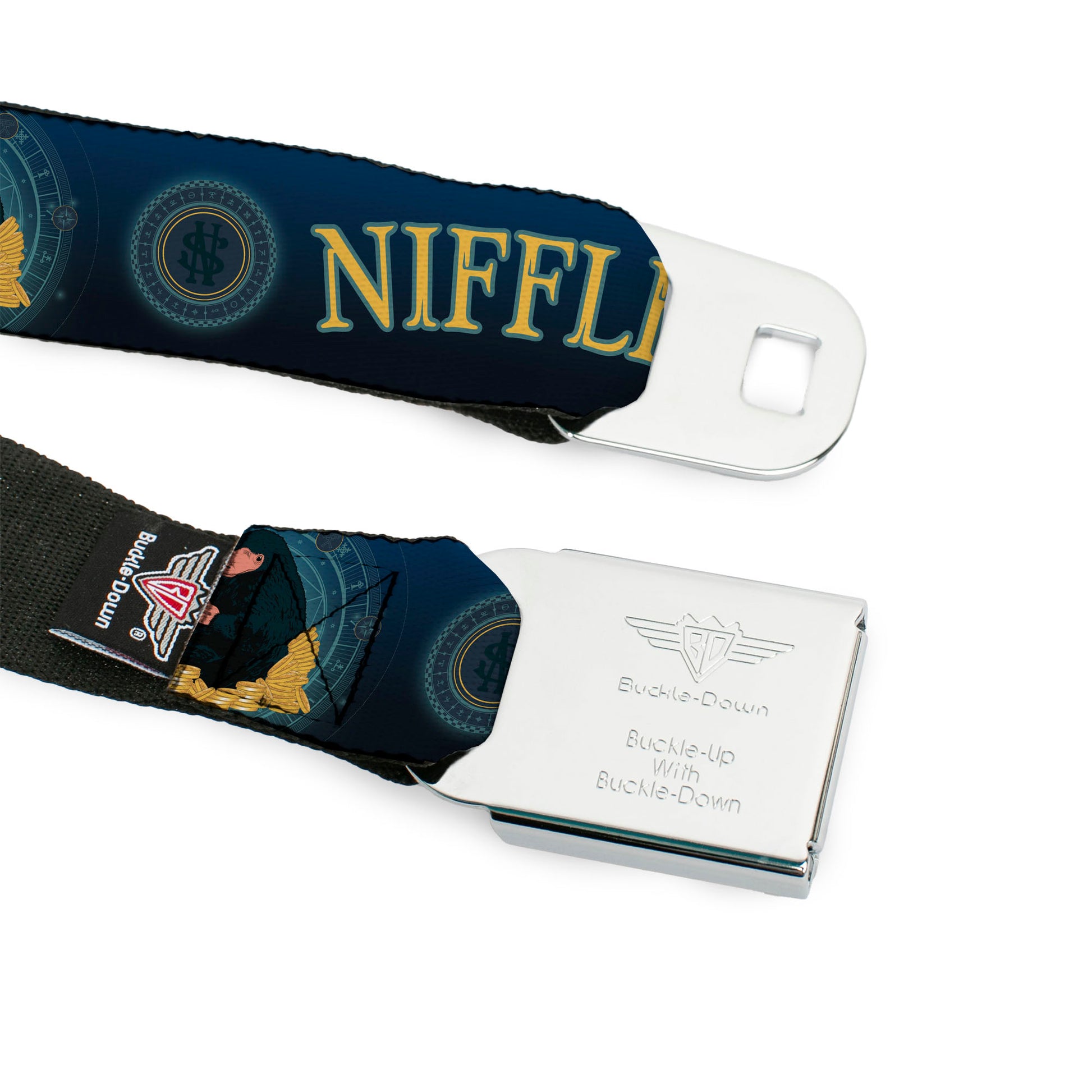 FANTASTIC BEASTS THE CRIMES OF GRINDELWALD Logo Full Color Black/Silvers Seatbelt Belt - NIFFLER Gold Coin Pose/NS Monogam Blues/Gold Webbing Seatbelt Belts Fantastic Beasts and Where to Find Them