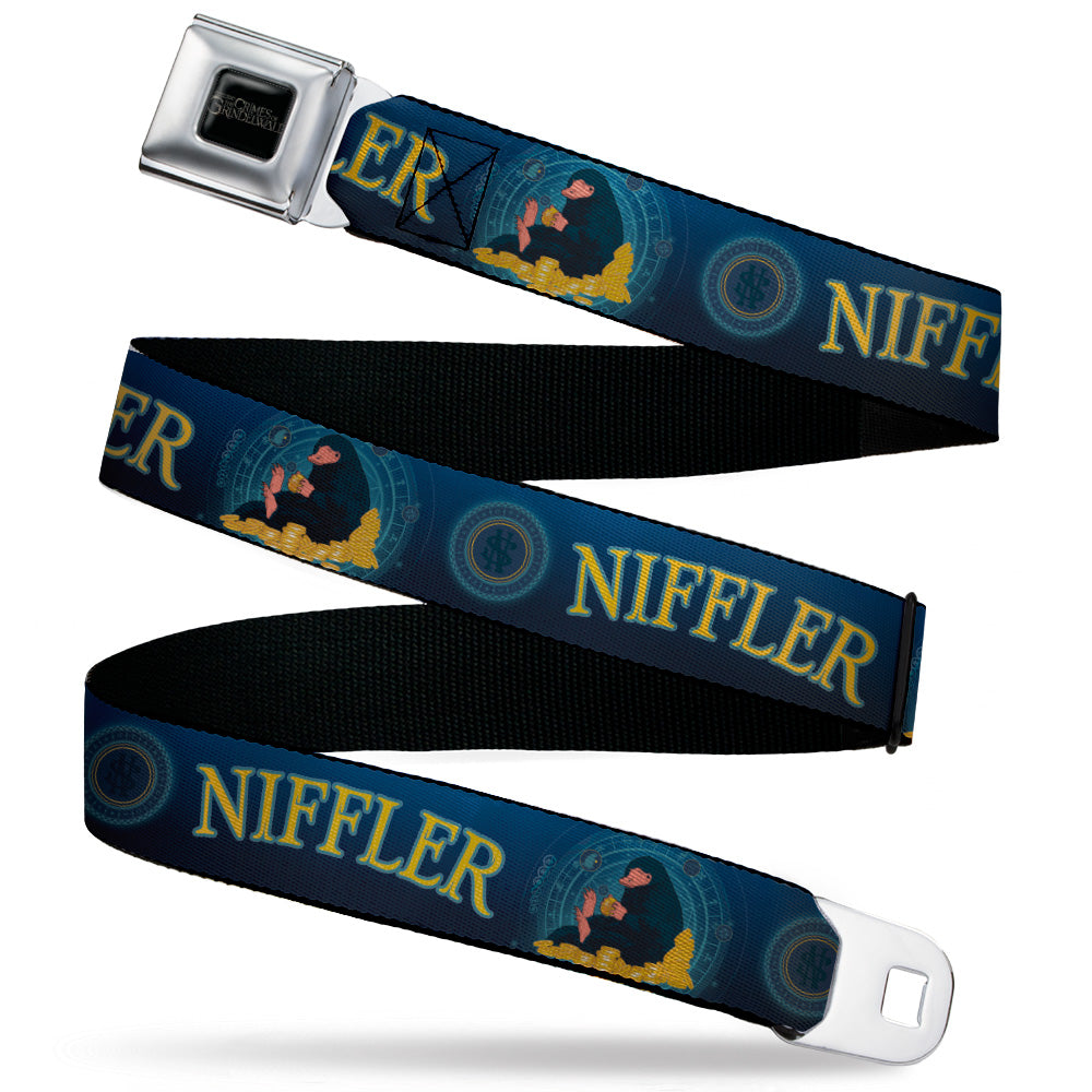 FANTASTIC BEASTS THE CRIMES OF GRINDELWALD Logo Full Color Black/Silvers Seatbelt Belt - NIFFLER Gold Coin Pose/NS Monogam Blues/Gold Webbing Seatbelt Belts Fantastic Beasts and Where to Find Them