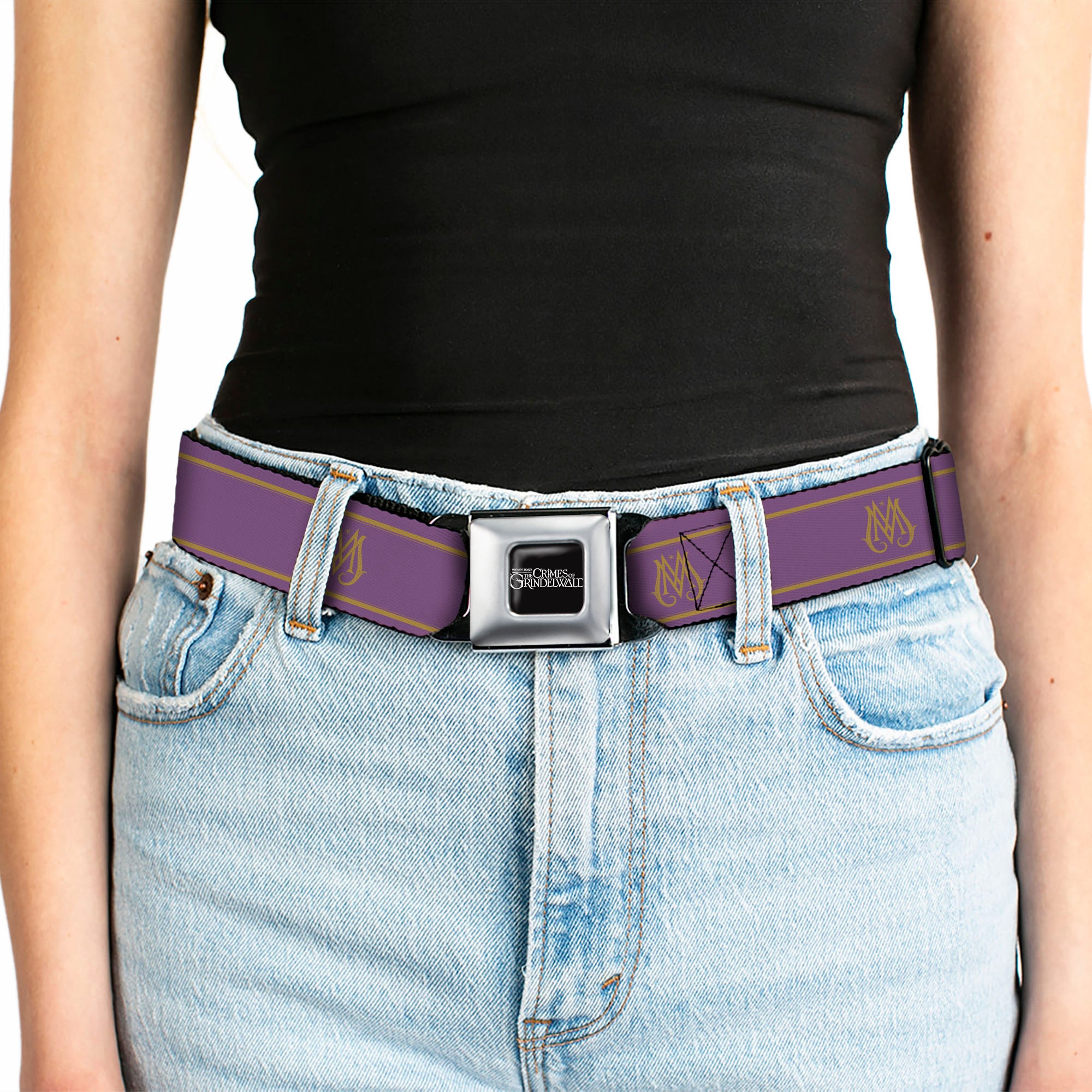 FANTASTIC BEASTS THE CRIMES OF GRINDEWALD Logo Full Color Black/White Seatbelt Belt - Fantastic Beasts The Crimes of Grindelwald Ministry of Magic Icon Purple/Gold Webbing Seatbelt Belts Fantastic Beasts and Where to Find Them