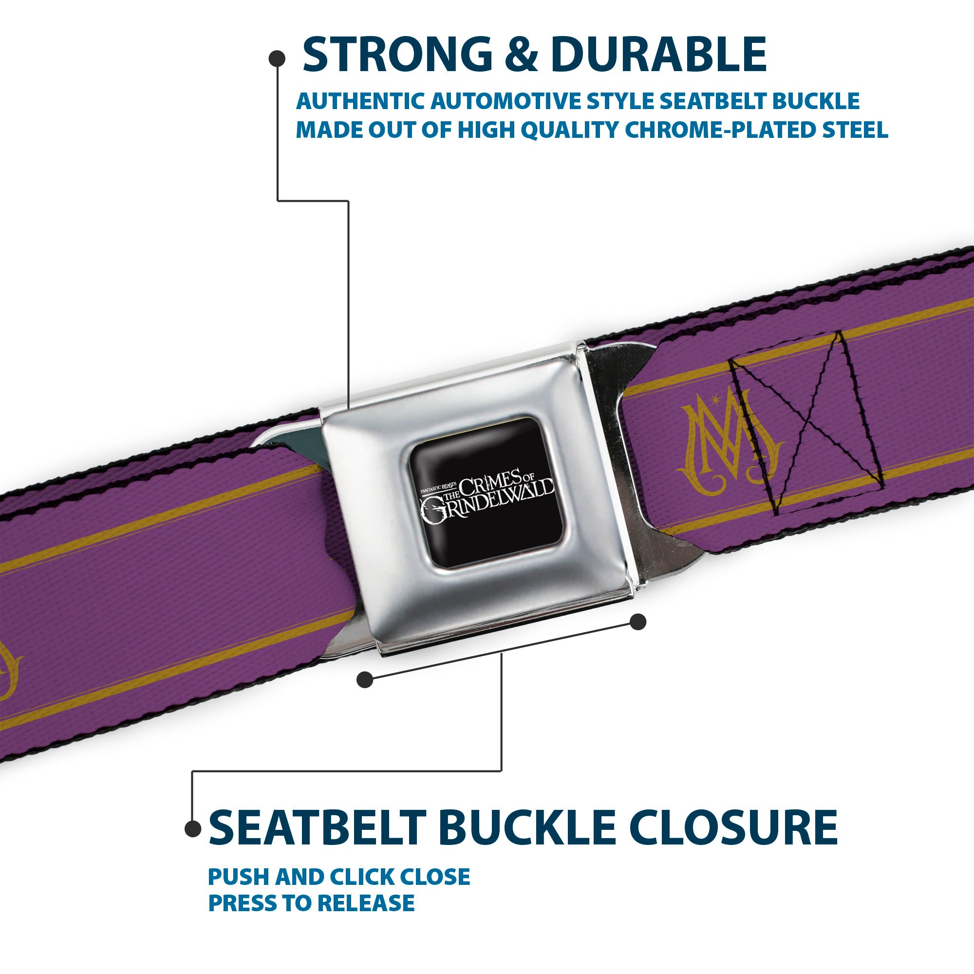 FANTASTIC BEASTS THE CRIMES OF GRINDEWALD Logo Full Color Black/White Seatbelt Belt - Fantastic Beasts The Crimes of Grindelwald Ministry of Magic Icon Purple/Gold Webbing Seatbelt Belts Fantastic Beasts and Where to Find Them
