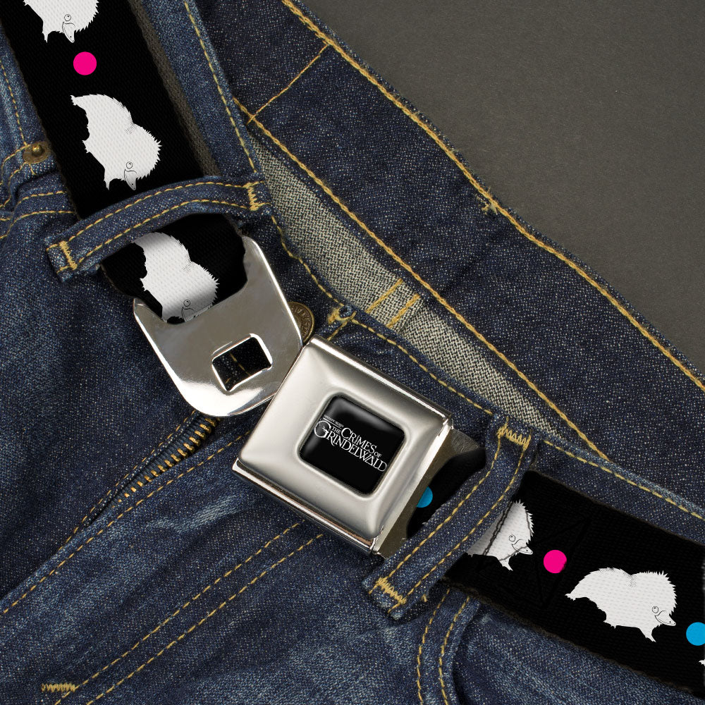 FANTASTIC BEASTS THE CRIMES OF GRINDEWALD Logo Full Color Black/White Seatbelt Belt - Fantastic Beasts The Crimes of Grindelwald Baby Niffler Pose/Dots Black/White/Pink/Blue Webbing Seatbelt Belts Fantastic Beasts and Where to Find Them