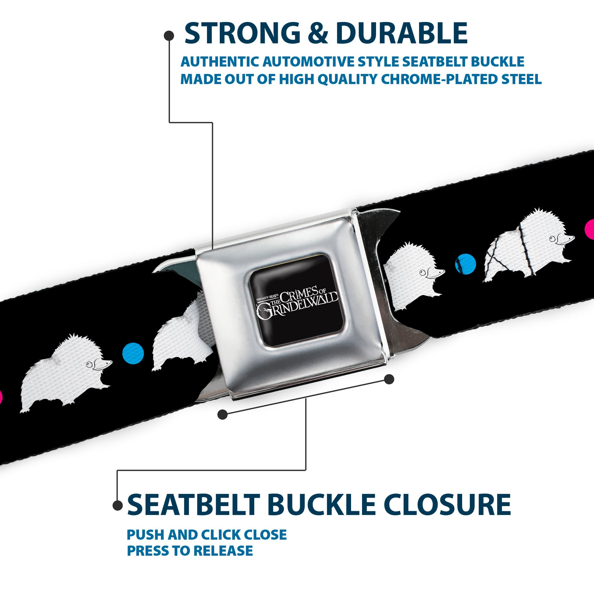 FANTASTIC BEASTS THE CRIMES OF GRINDEWALD Logo Full Color Black/White Seatbelt Belt - Fantastic Beasts The Crimes of Grindelwald Baby Niffler Pose/Dots Black/White/Pink/Blue Webbing Seatbelt Belts Fantastic Beasts and Where to Find Them