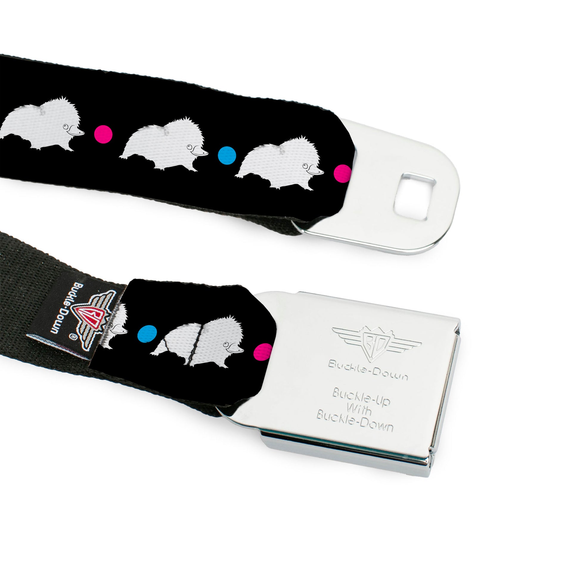 FANTASTIC BEASTS THE CRIMES OF GRINDEWALD Logo Full Color Black/White Seatbelt Belt - Fantastic Beasts The Crimes of Grindelwald Baby Niffler Pose/Dots Black/White/Pink/Blue Webbing Seatbelt Belts Fantastic Beasts and Where to Find Them