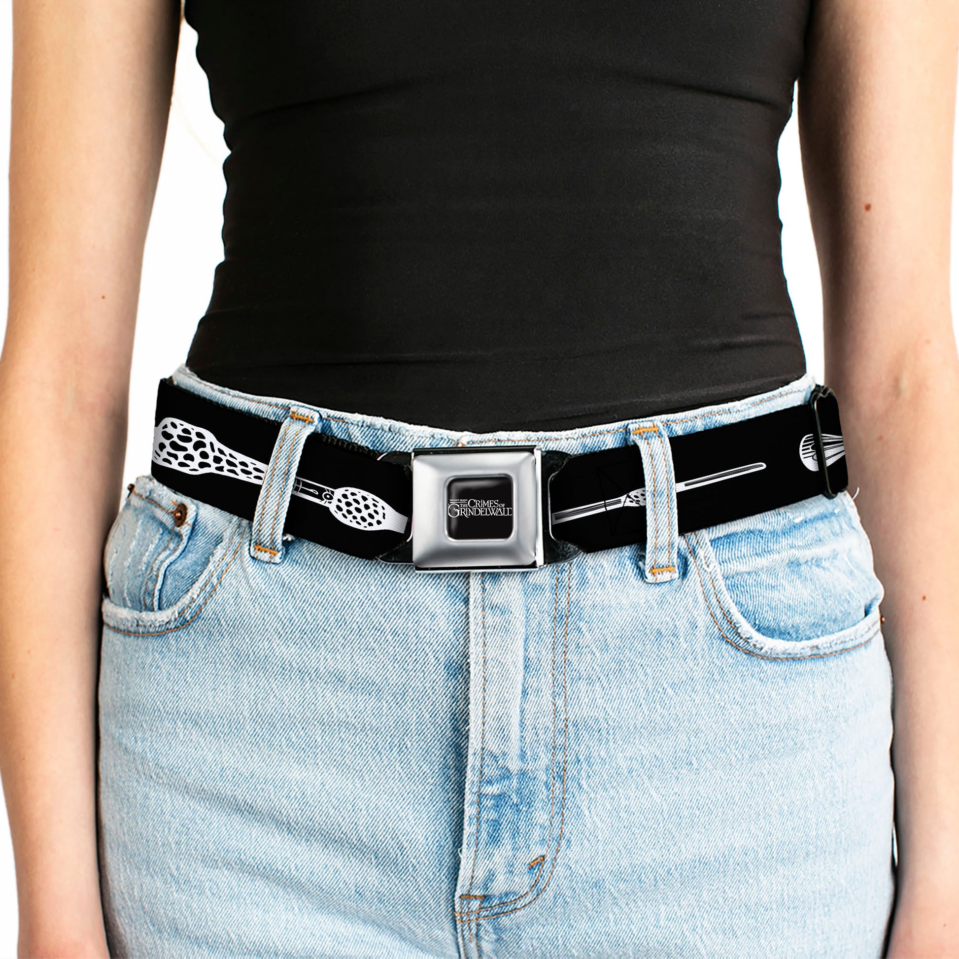 FANTASTIC BEASTS THE CRIMES OF GRINDEWALD Logo Full Color Black/White Seatbelt Belt - Fantastic Beasts The Crimes of Grindelwald Elder Wand Black/White Webbing Seatbelt Belts Fantastic Beasts and Where to Find Them
