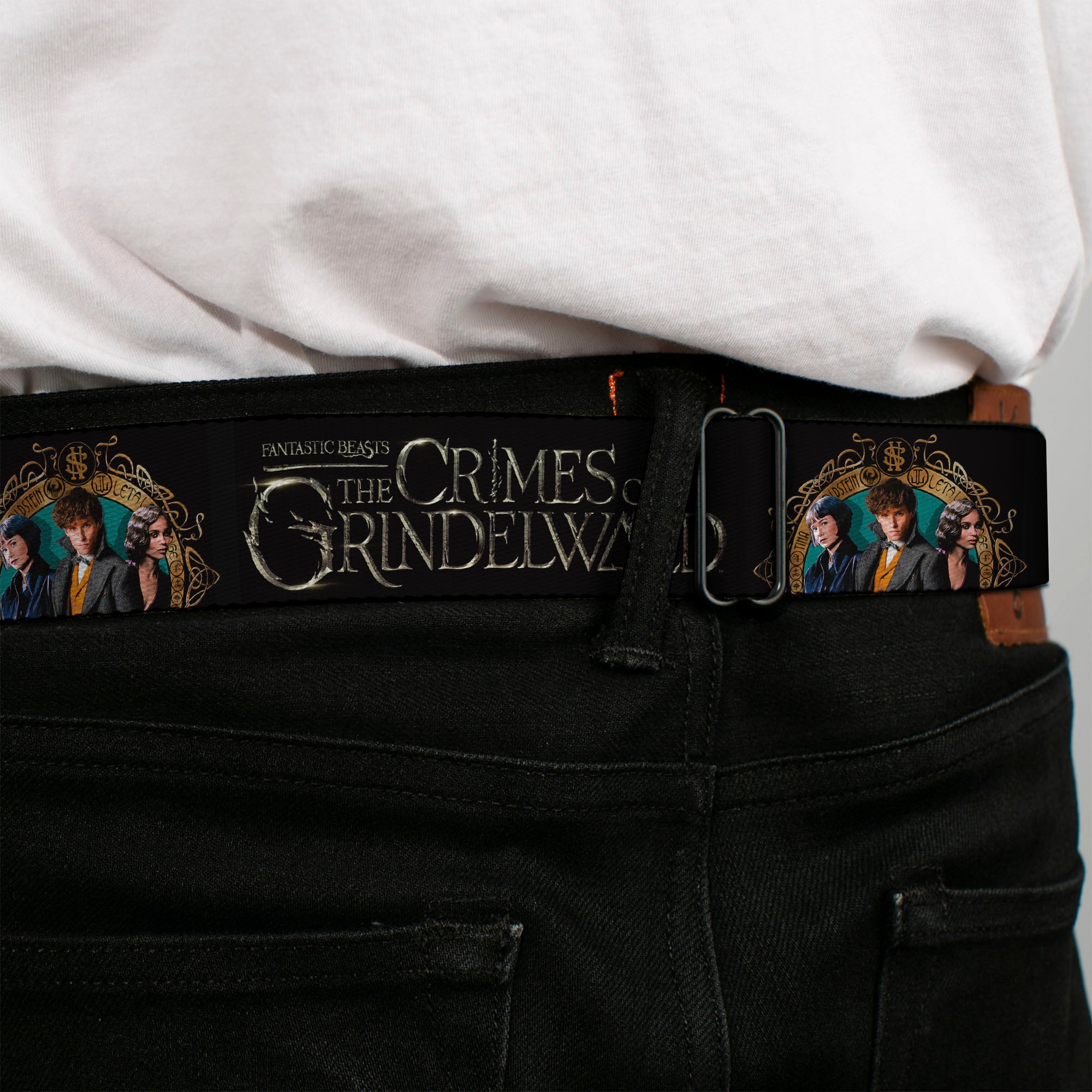 FANTASTIC BEASTS THE CRIMES OF GRINDEWALD Logo Full Color Black/White Seatbelt Belt - FANTASTIC BEASTS THE CRIMES OF GRINDELWALD 3-Character Group Pose2 Black/Silvers Webbing Seatbelt Belts Fantastic Beasts and Where to Find Them