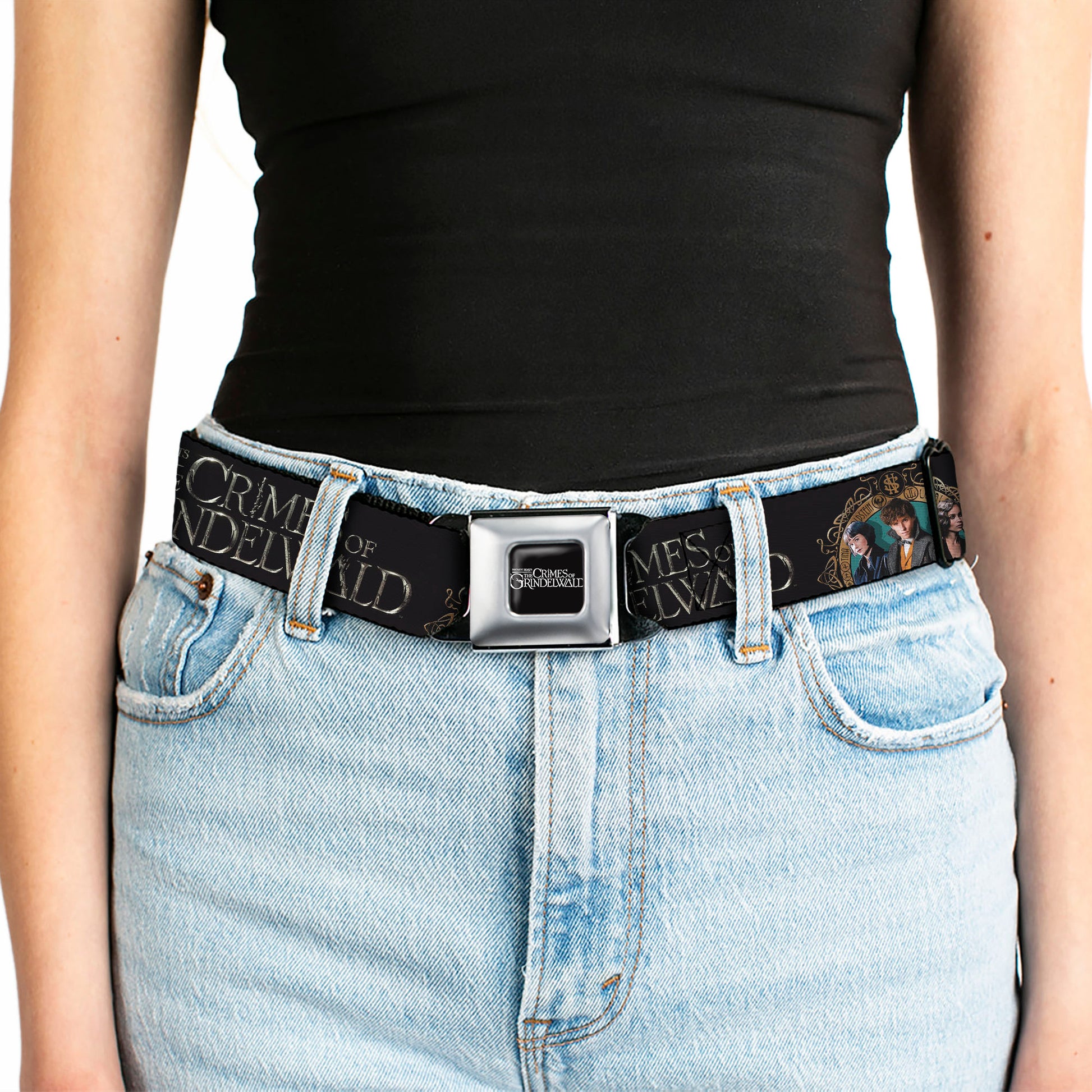 FANTASTIC BEASTS THE CRIMES OF GRINDEWALD Logo Full Color Black/White Seatbelt Belt - FANTASTIC BEASTS THE CRIMES OF GRINDELWALD 3-Character Group Pose2 Black/Silvers Webbing Seatbelt Belts Fantastic Beasts and Where to Find Them