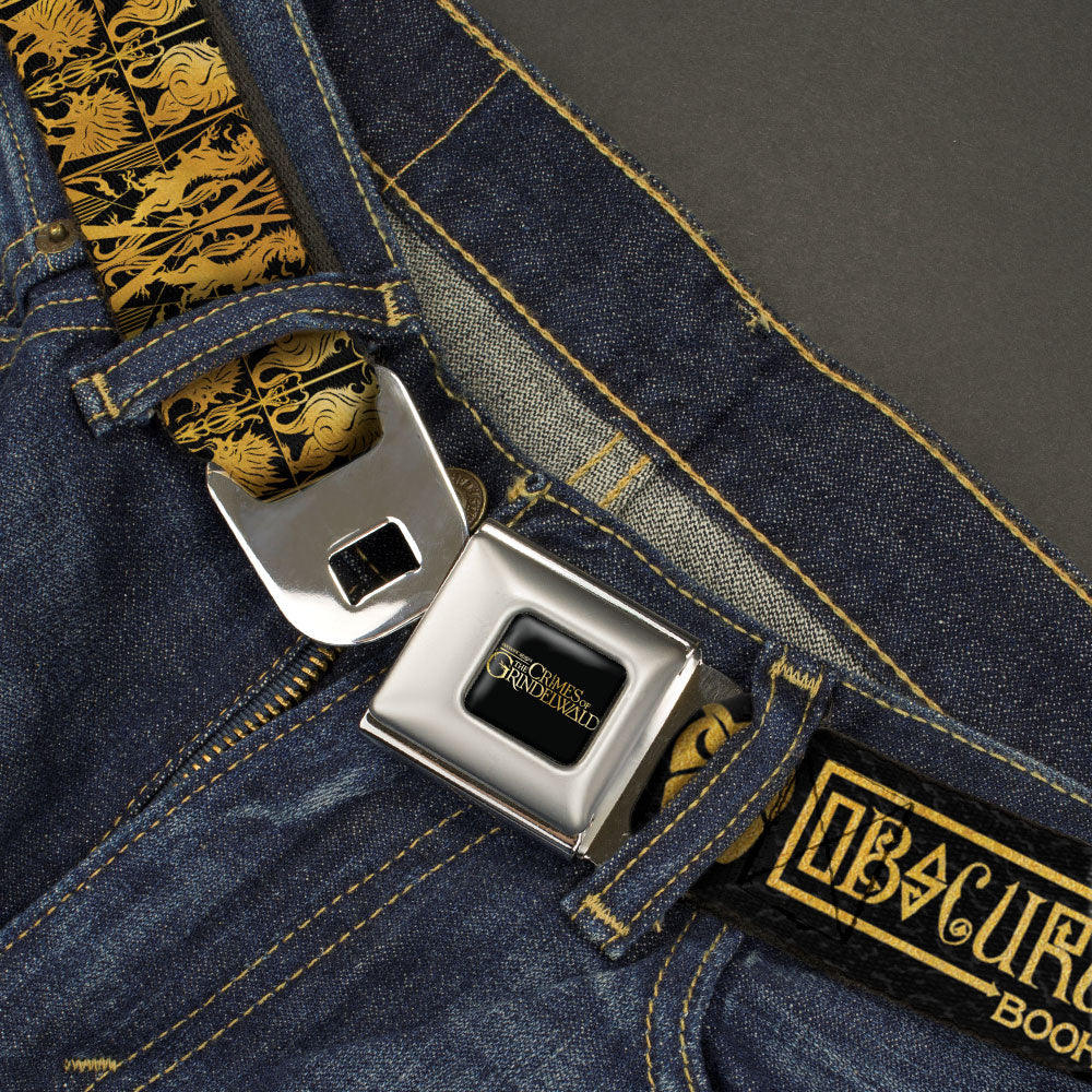 FANTASTIC BEASTS THE CRIMES OF GRINDEWALD Logo Full Color Black/Golds Seatbelt Belt - Fantastic Beasts The Crimes of Grindelwald OBSCURUS BOOKS Binding Black/Golds Webbing Seatbelt Belts Fantastic Beasts and Where to Find Them