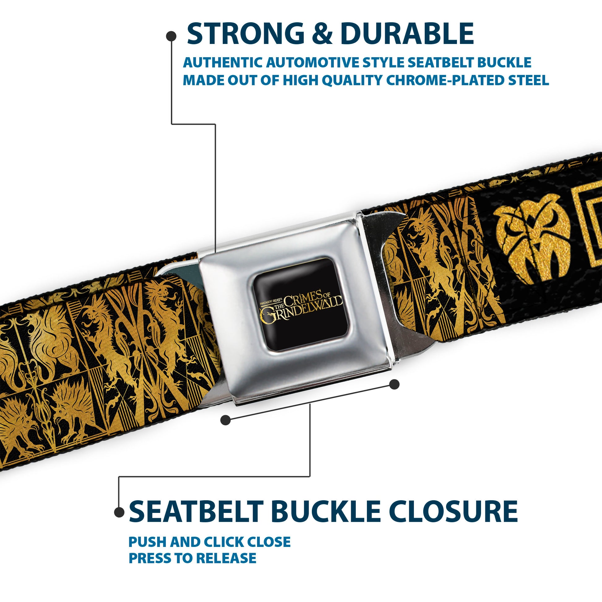 FANTASTIC BEASTS THE CRIMES OF GRINDEWALD Logo Full Color Black/Golds Seatbelt Belt - Fantastic Beasts The Crimes of Grindelwald OBSCURUS BOOKS Binding Black/Golds Webbing Seatbelt Belts Fantastic Beasts and Where to Find Them