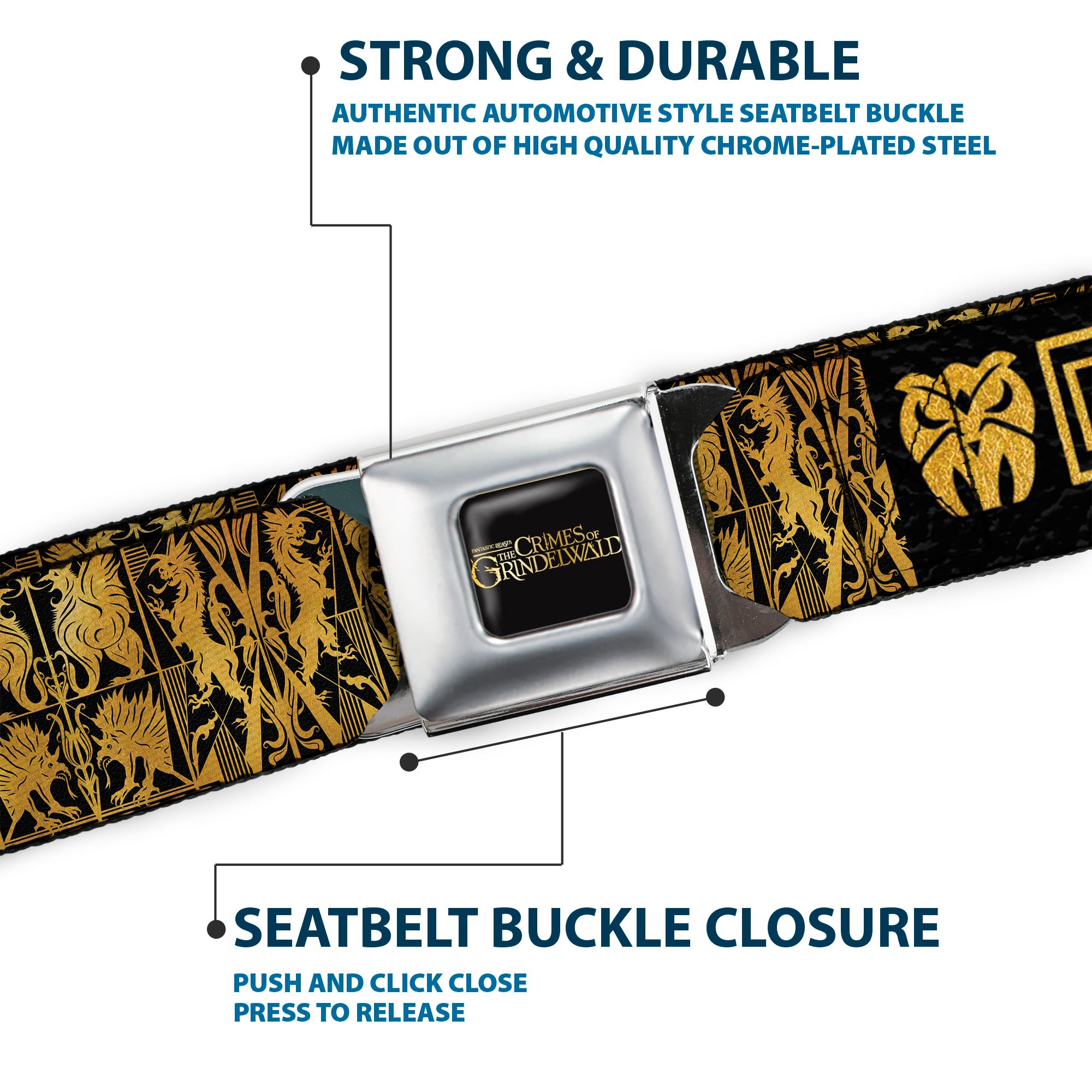 FANTASTIC BEASTS THE CRIMES OF GRINDEWALD Logo Full Color Black/Golds Seatbelt Belt - Fantastic Beasts The Crimes of Grindelwald OBSCURUS BOOKS Binding Black/Golds Webbing Seatbelt Belts Fantastic Beasts and Where to Find Them