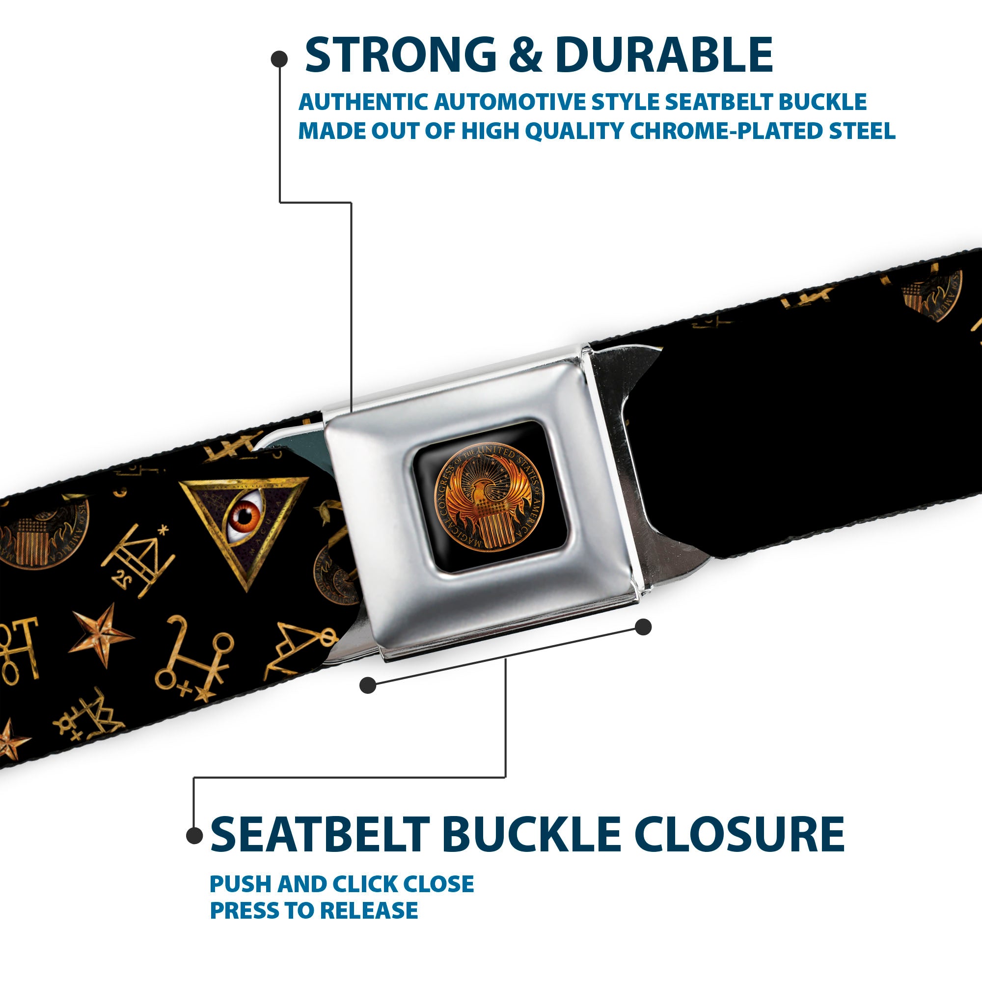 MACUSA Seal Full Color Black/Gold Seatbelt Belt - Fantastic Beasts and Where to Find Them Icons Scattered Black/Golds Webbing Seatbelt Belts Fantastic Beasts and Where to Find Them
