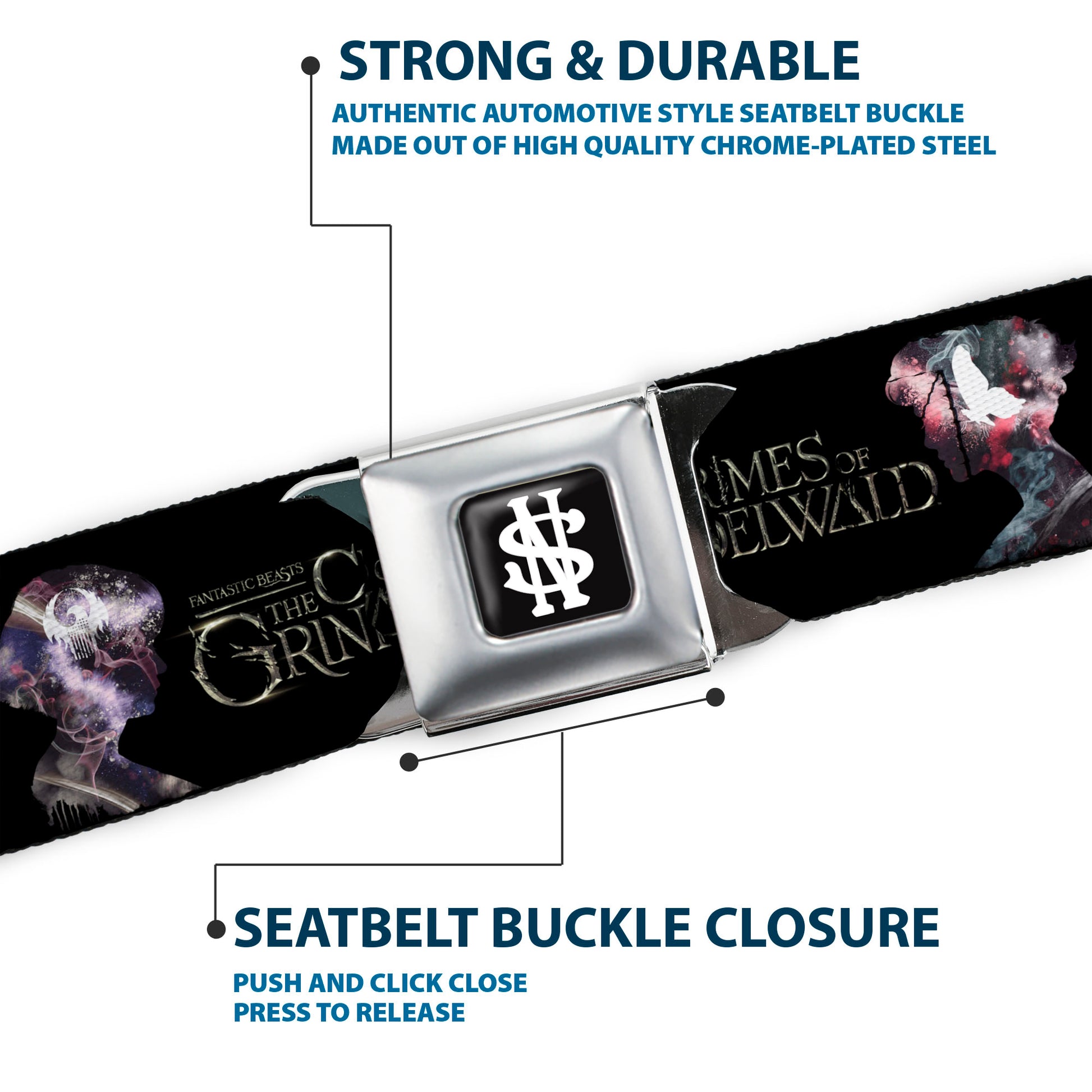Newt Scamander NS Monogram Full Color Black/White Seatbelt Belt - FANTASTIC BEASTS THE CRIMES OF GRINDELWALD 2-Character Bust Silhouettes Black/Golds Webbing Seatbelt Belts Fantastic Beasts and Where to Find Them