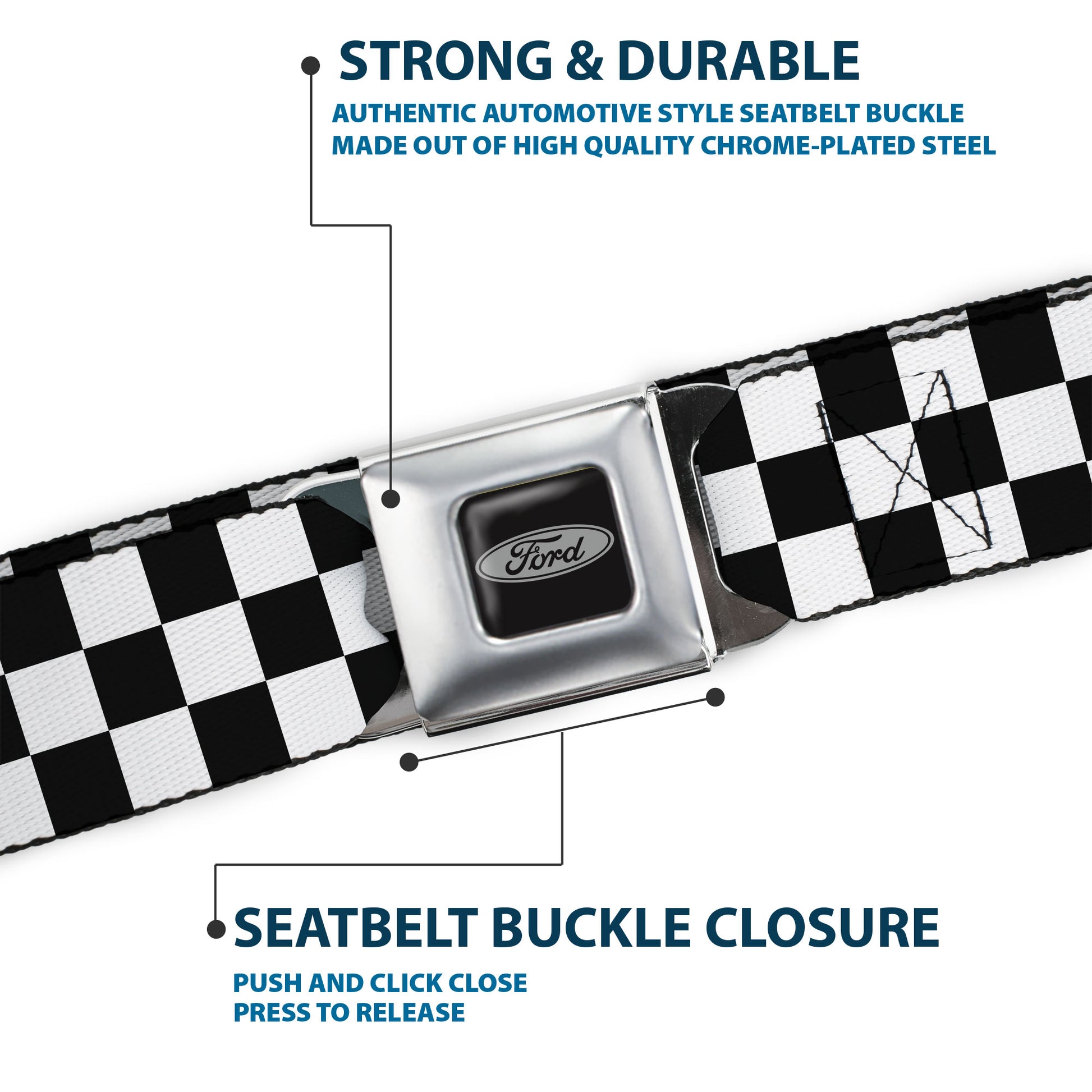 Ford Emblem Seatbelt Belt - Checker Black/White Webbing Seatbelt Belts Ford