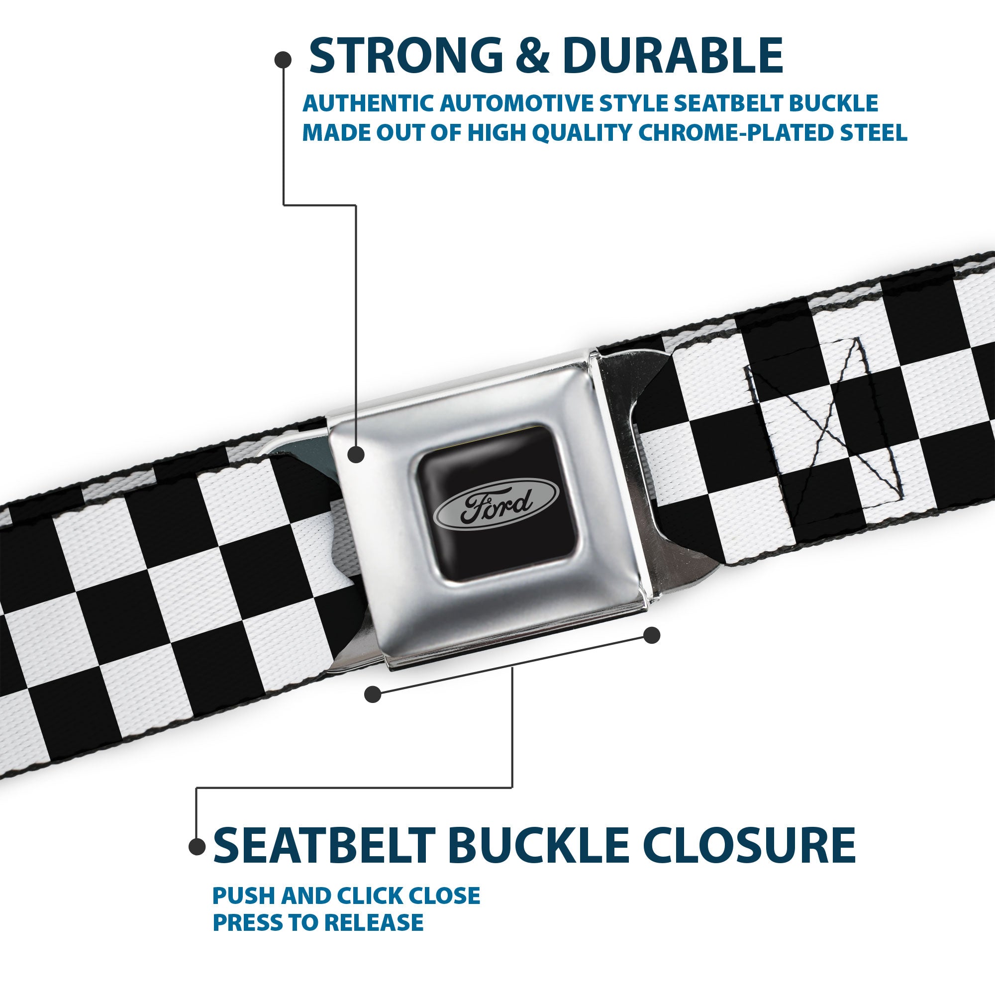 Ford Emblem Seatbelt Belt - Checker Black/White Webbing Seatbelt Belts Ford