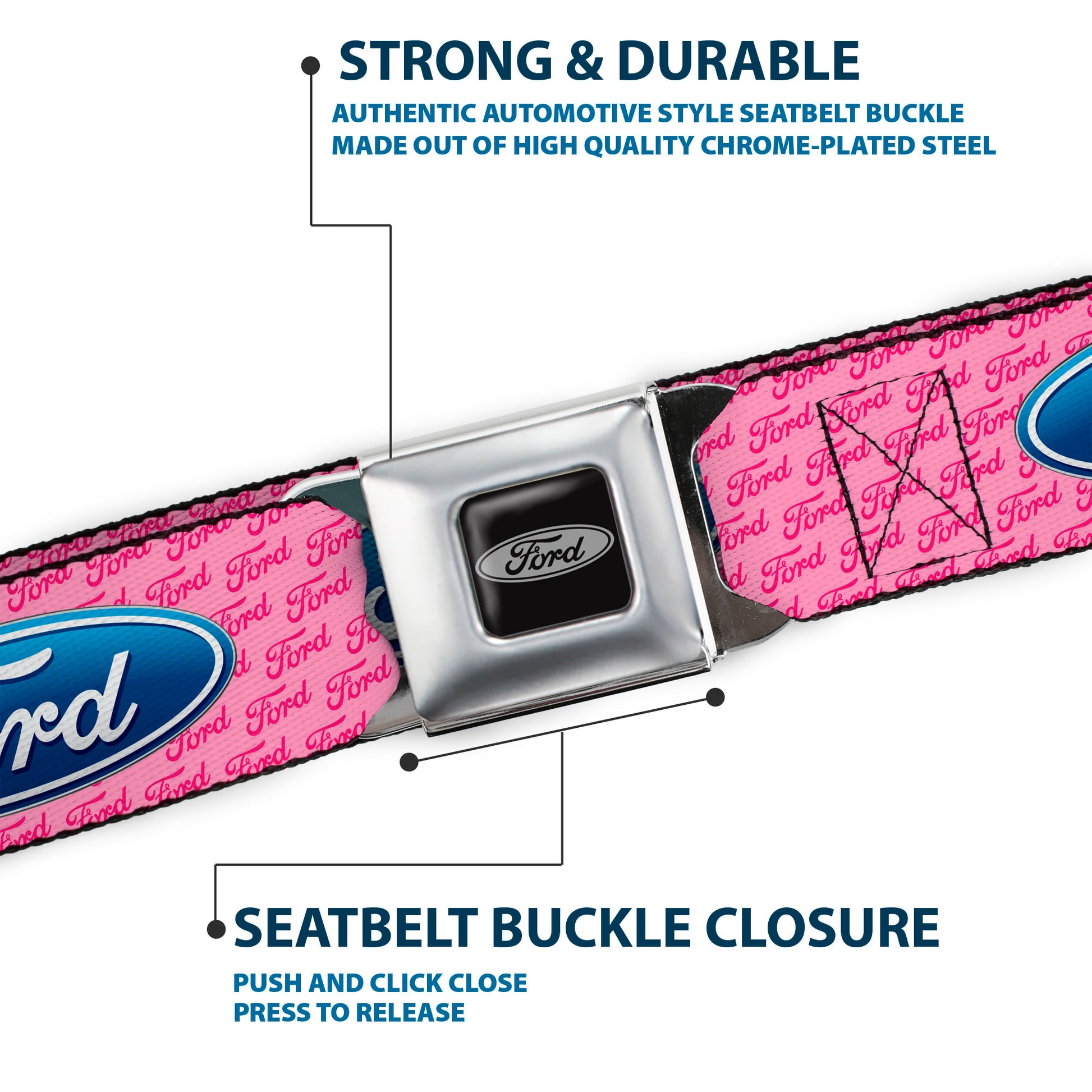 Ford Emblem Seatbelt Belt - Ford Oval w/Text PINK REPEAT Webbing Seatbelt Belts Ford