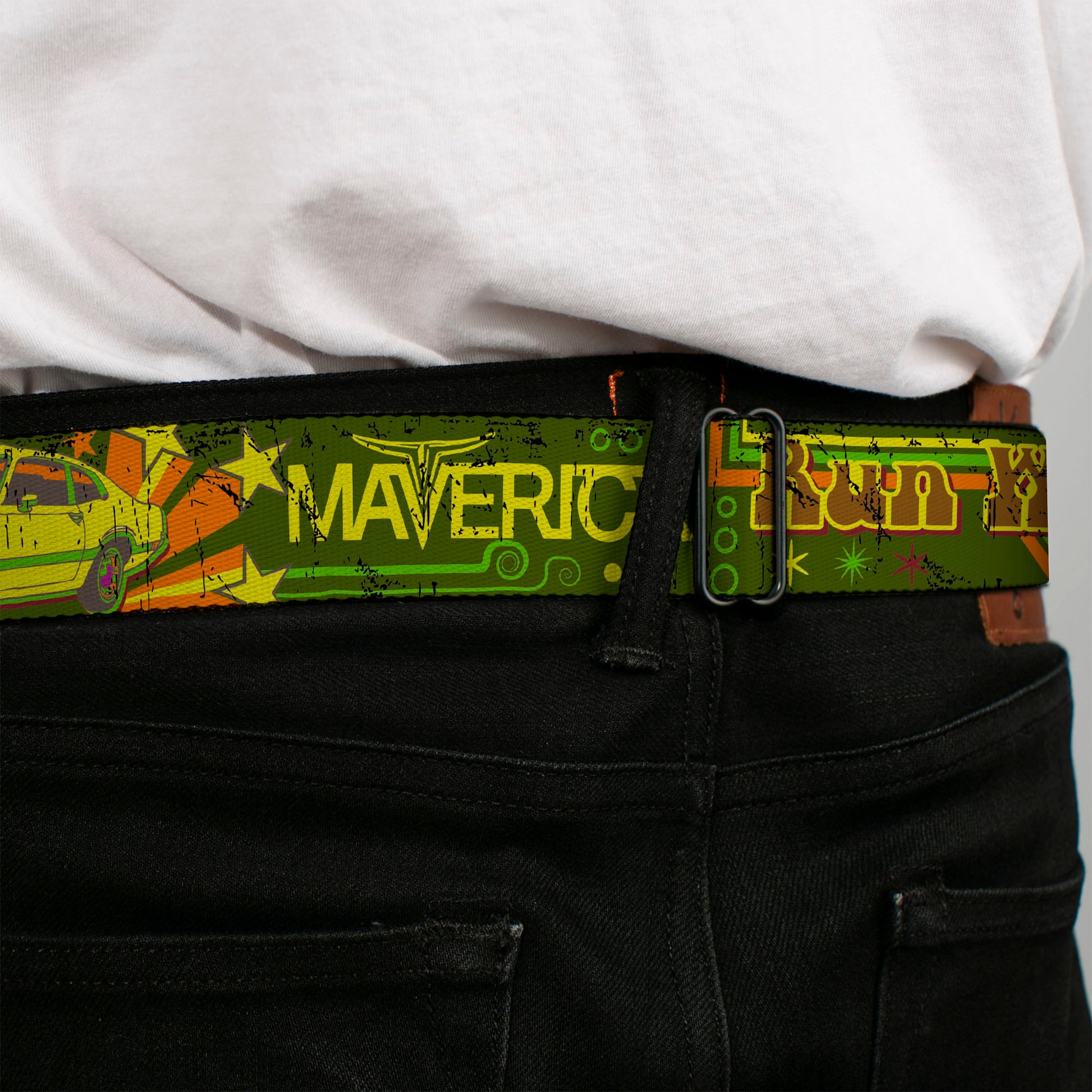 Ford Emblem Seatbelt Belt - Vintage Ford MAVERICK-RUN WILD BE A MAVERICK Greens/Yellows Webbing Seatbelt Belts Ford