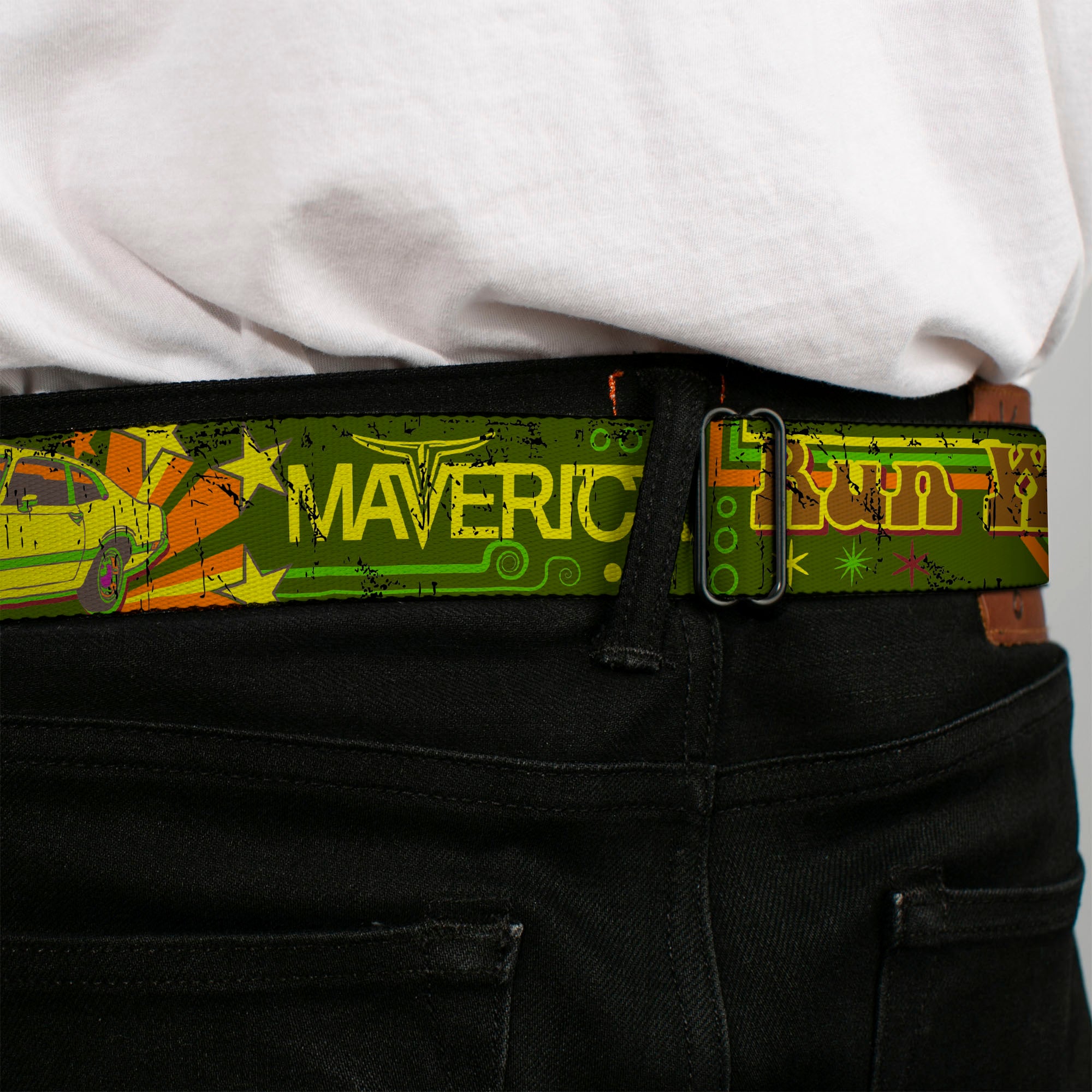 Ford Emblem Seatbelt Belt - Vintage Ford MAVERICK-RUN WILD BE A MAVERICK Greens/Yellows Webbing Seatbelt Belts Ford
