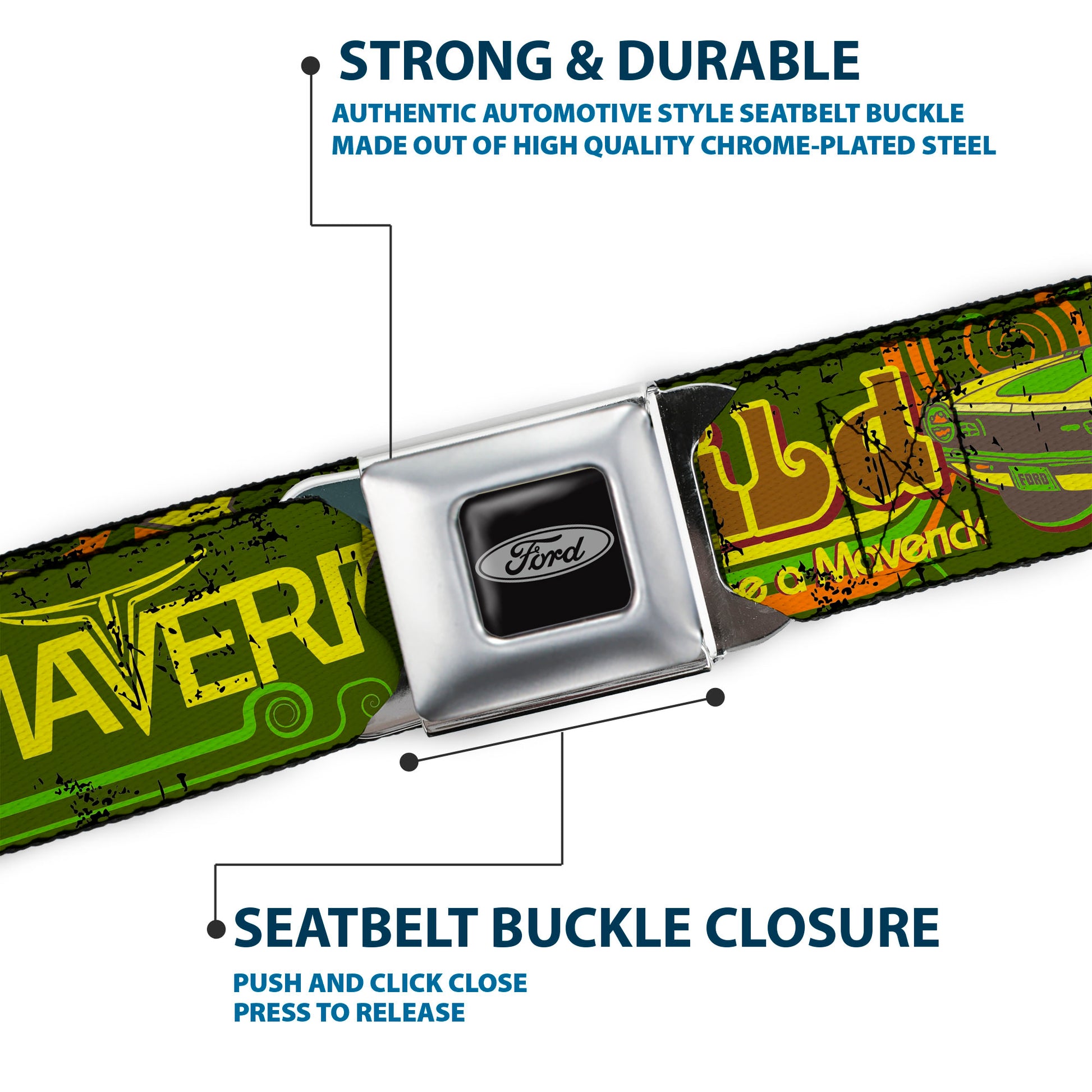 Ford Emblem Seatbelt Belt - Vintage Ford MAVERICK-RUN WILD BE A MAVERICK Greens/Yellows Webbing Seatbelt Belts Ford