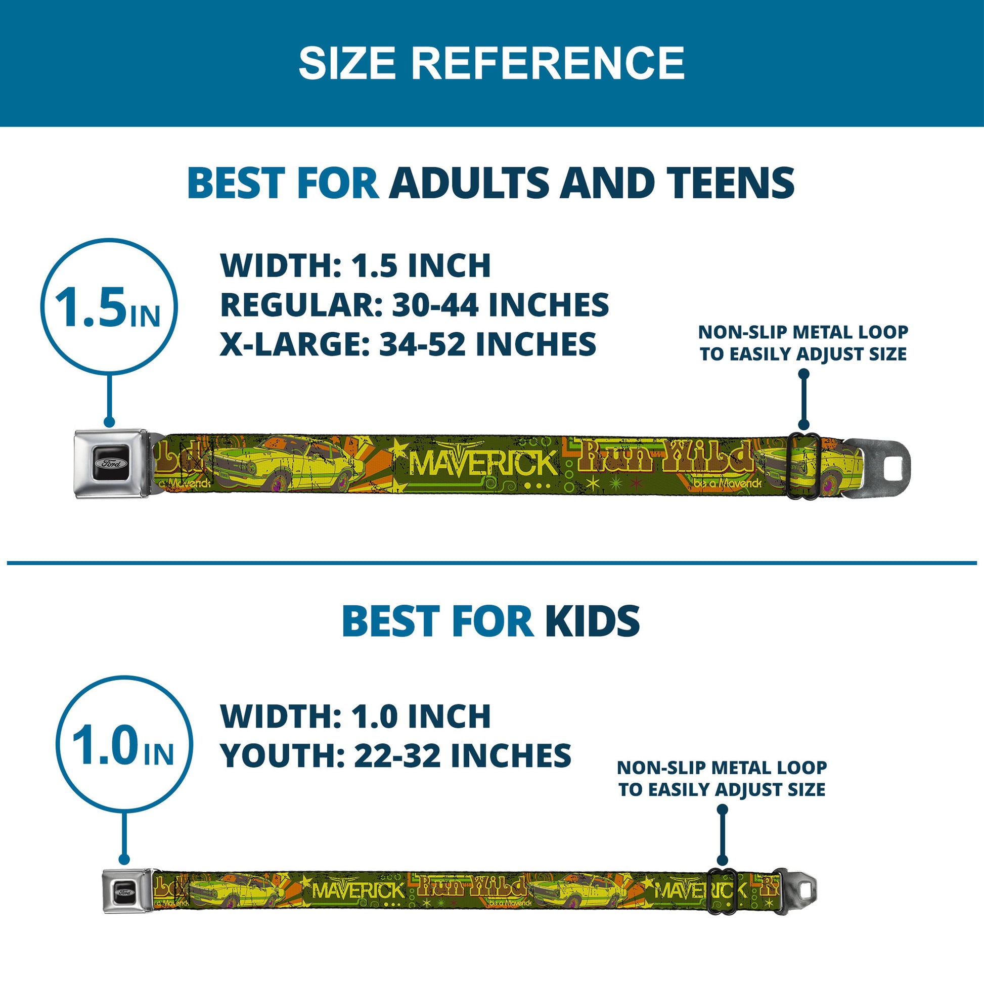 Ford Emblem Seatbelt Belt - Vintage Ford MAVERICK-RUN WILD BE A MAVERICK Greens/Yellows Webbing Seatbelt Belts Ford