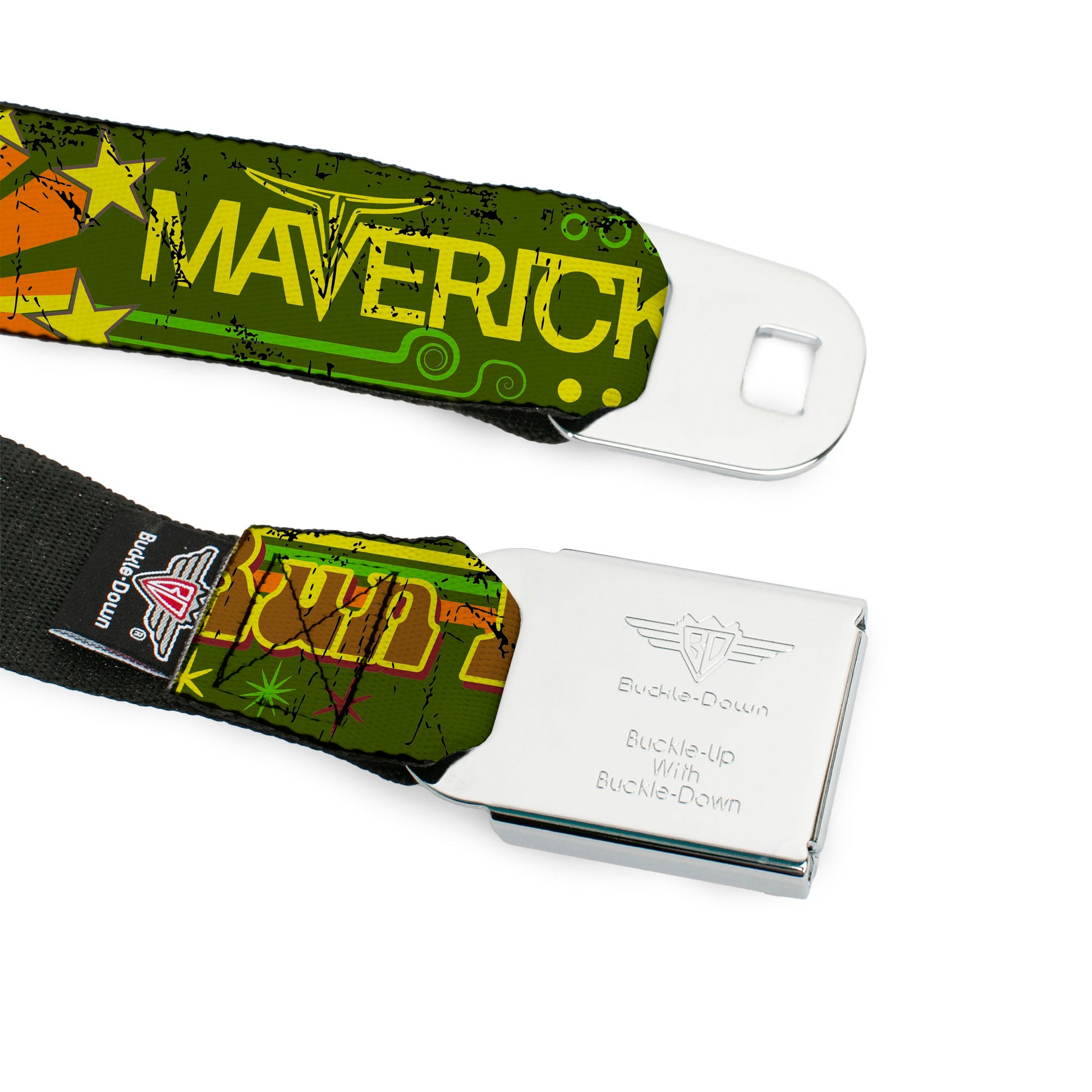 Ford Emblem Seatbelt Belt - Vintage Ford MAVERICK-RUN WILD BE A MAVERICK Greens/Yellows Webbing Seatbelt Belts Ford