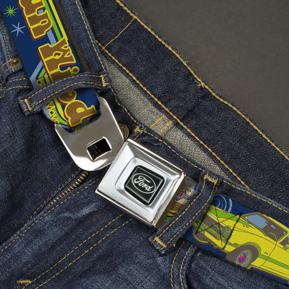 Ford Emblem Seatbelt Belt - Vintage Ford MAVERICK-RUN WILD BE A MAVERICK Blues/Yellows Webbing Seatbelt Belts Ford