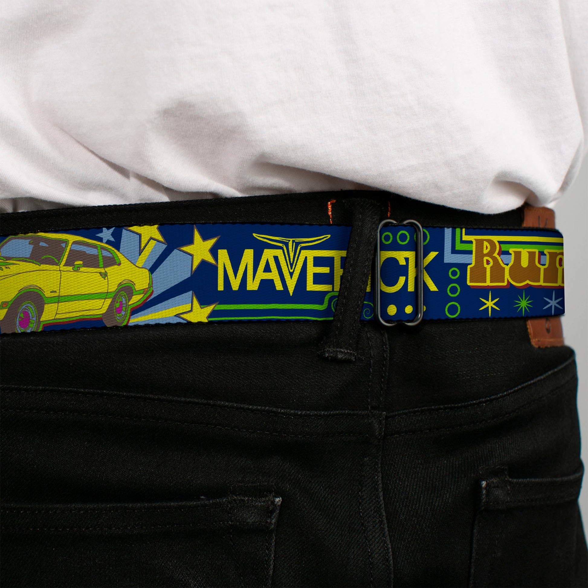 Ford Emblem Seatbelt Belt - Vintage Ford MAVERICK-RUN WILD BE A MAVERICK Blues/Yellows Webbing Seatbelt Belts Ford