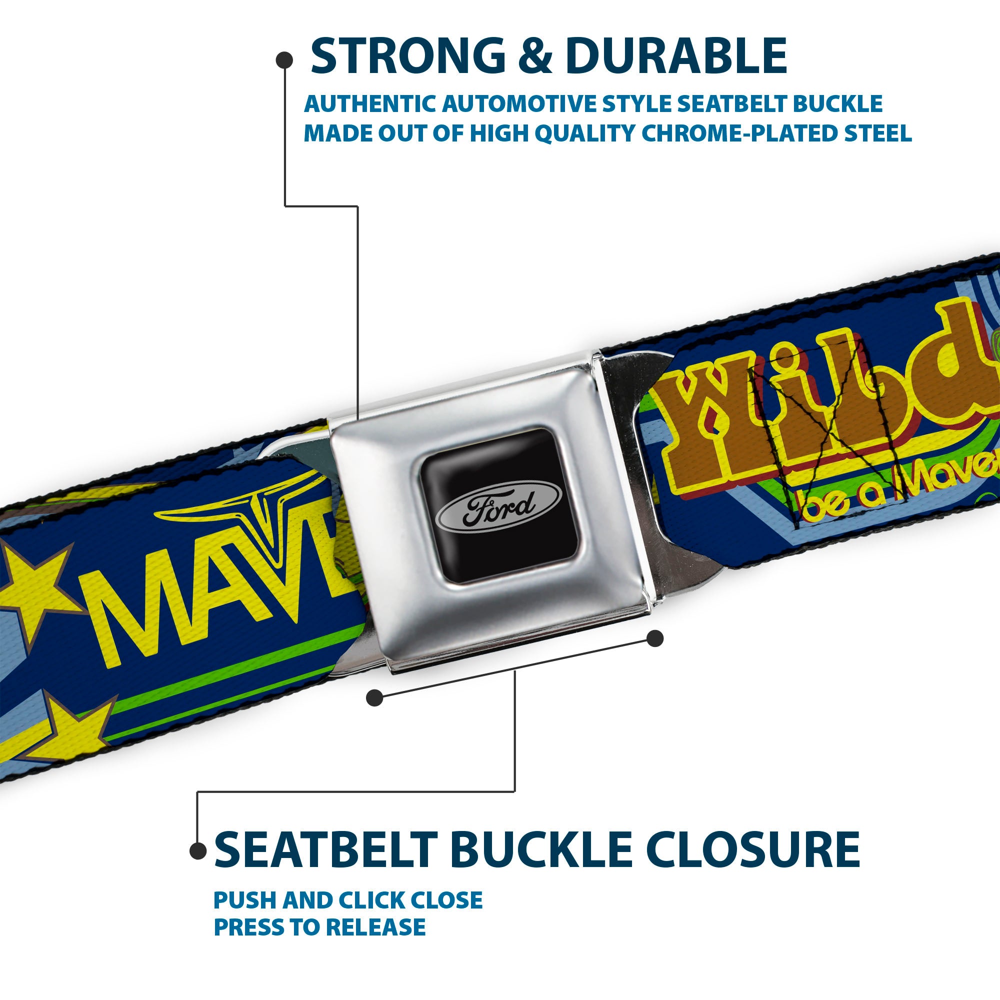 Ford Emblem Seatbelt Belt - Vintage Ford MAVERICK-RUN WILD BE A MAVERICK Blues/Yellows Webbing Seatbelt Belts Ford