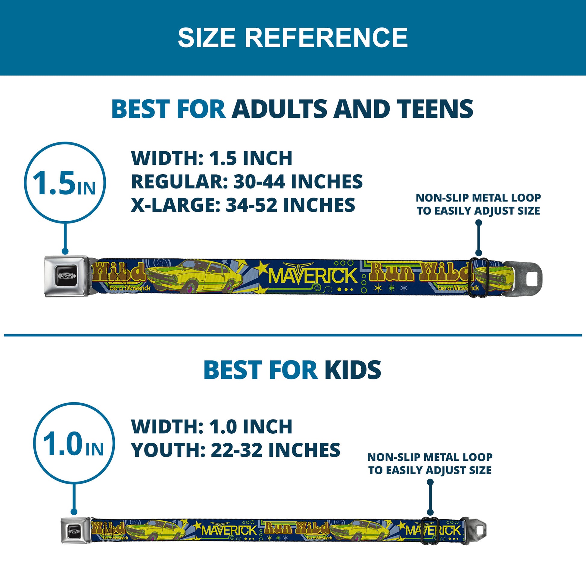 Ford Emblem Seatbelt Belt - Vintage Ford MAVERICK-RUN WILD BE A MAVERICK Blues/Yellows Webbing Seatbelt Belts Ford