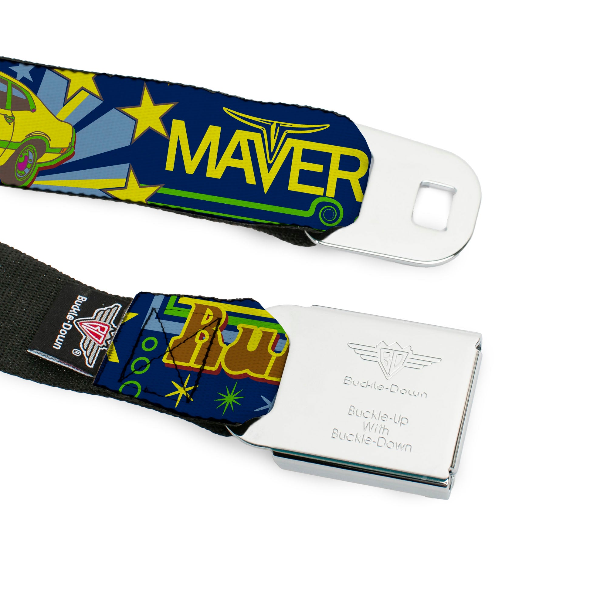 Ford Emblem Seatbelt Belt - Vintage Ford MAVERICK-RUN WILD BE A MAVERICK Blues/Yellows Webbing Seatbelt Belts Ford