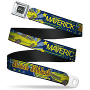 Ford Emblem Seatbelt Belt - Vintage Ford MAVERICK-RUN WILD BE A MAVERICK Blues/Yellows Webbing Seatbelt Belts Ford