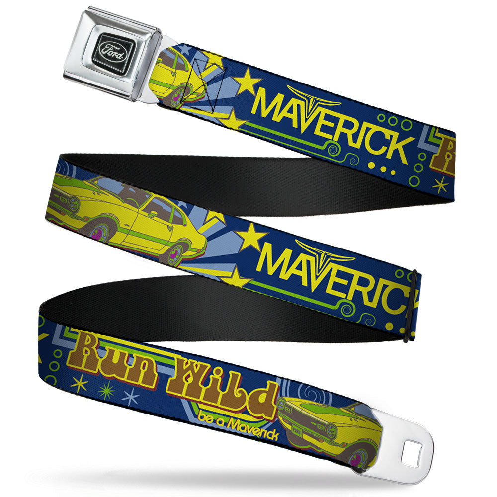 Ford Emblem Seatbelt Belt - Vintage Ford MAVERICK-RUN WILD BE A MAVERICK Blues/Yellows Webbing Seatbelt Belts Ford