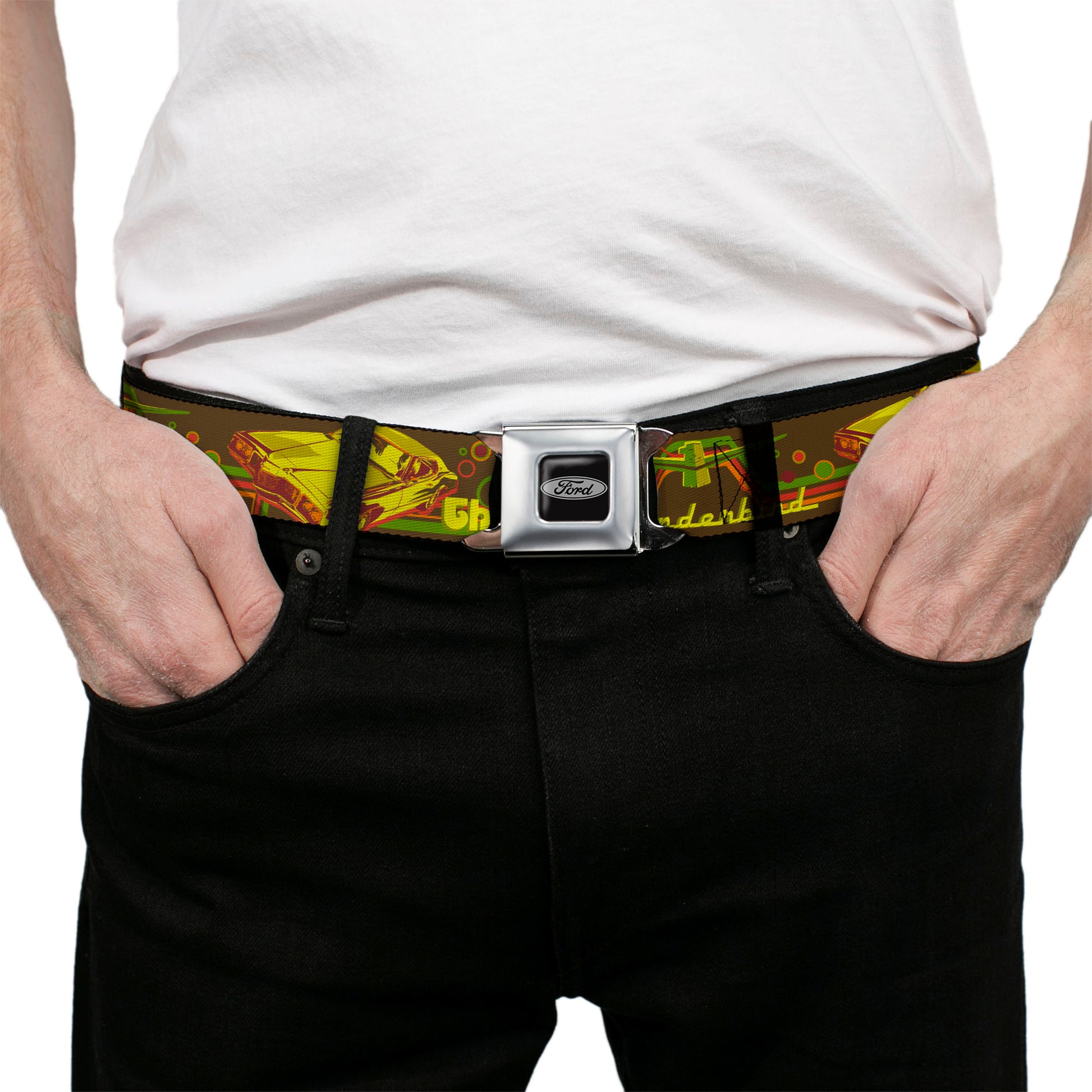 Ford Emblem Seatbelt Belt - Vintage Ford THUNDERBIRD-THEY SAY SHE'S FAST Browns/Yellows Webbing Seatbelt Belts Ford