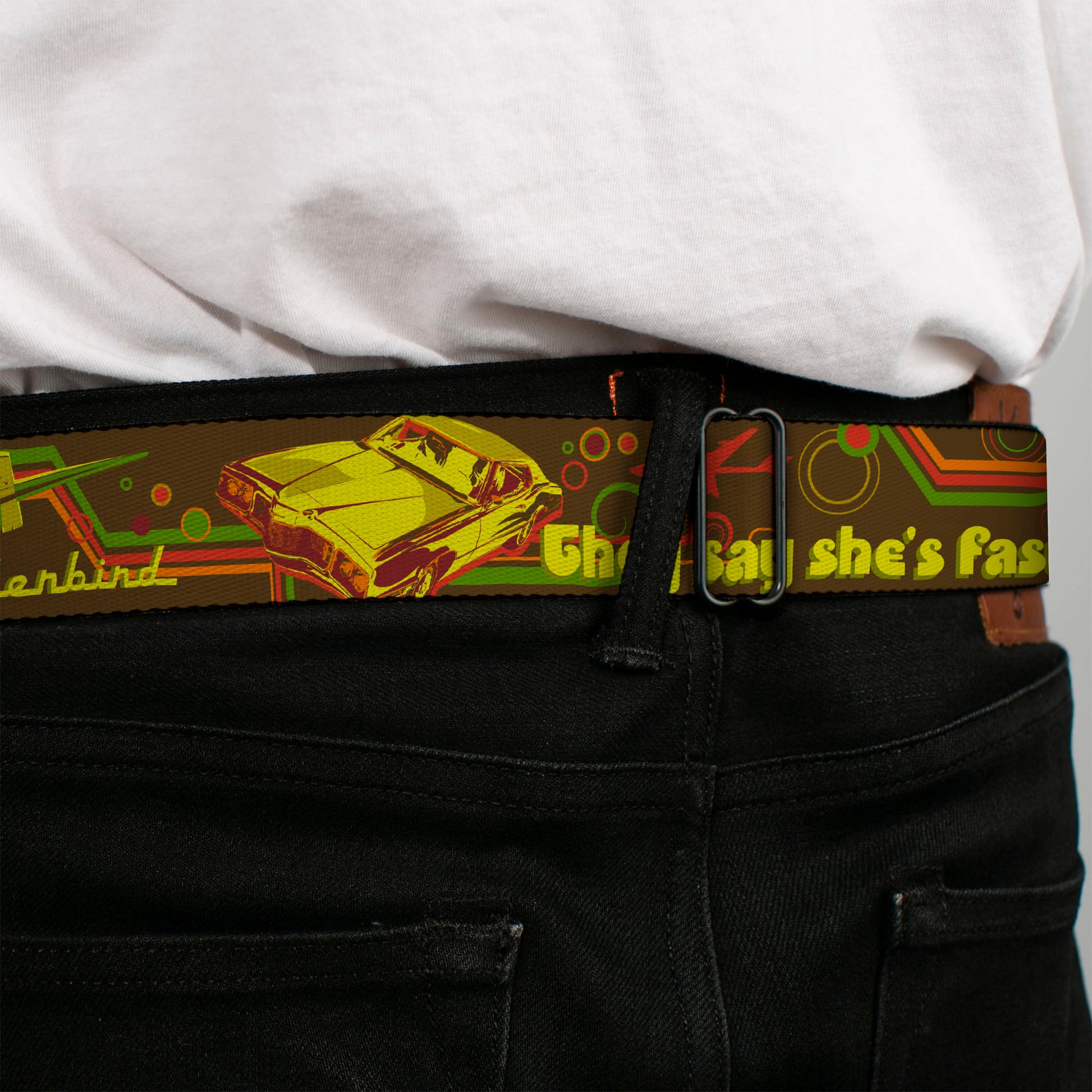 Ford Emblem Seatbelt Belt - Vintage Ford THUNDERBIRD-THEY SAY SHE'S FAST Browns/Yellows Webbing Seatbelt Belts Ford