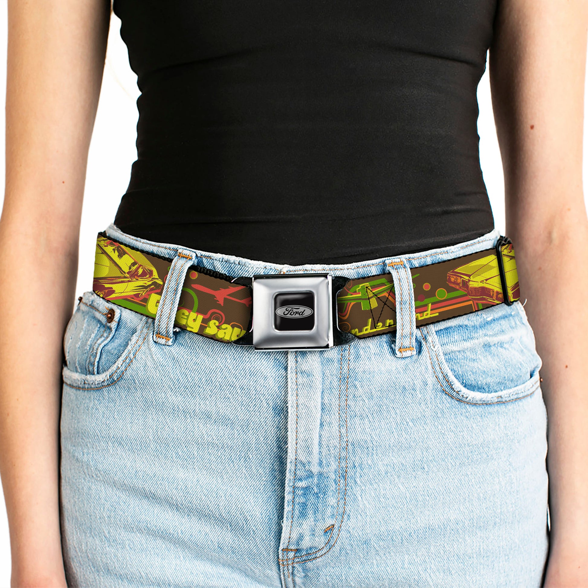Ford Emblem Seatbelt Belt - Vintage Ford THUNDERBIRD-THEY SAY SHE'S FAST Browns/Yellows Webbing Seatbelt Belts Ford