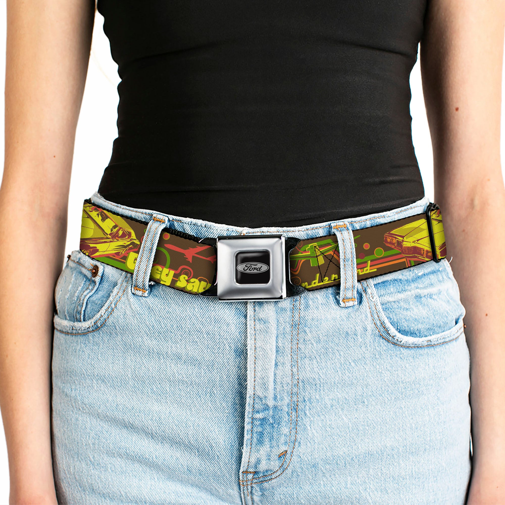 Ford Emblem Seatbelt Belt - Vintage Ford THUNDERBIRD-THEY SAY SHE'S FAST Browns/Yellows Webbing Seatbelt Belts Ford