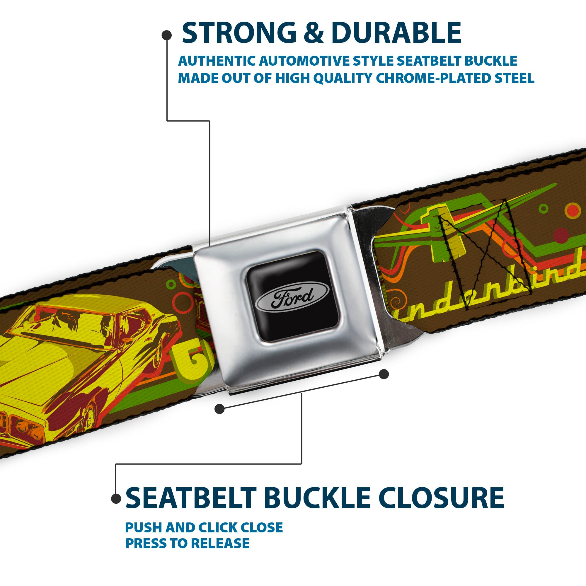 Ford Emblem Seatbelt Belt - Vintage Ford THUNDERBIRD-THEY SAY SHE'S FAST Browns/Yellows Webbing Seatbelt Belts Ford