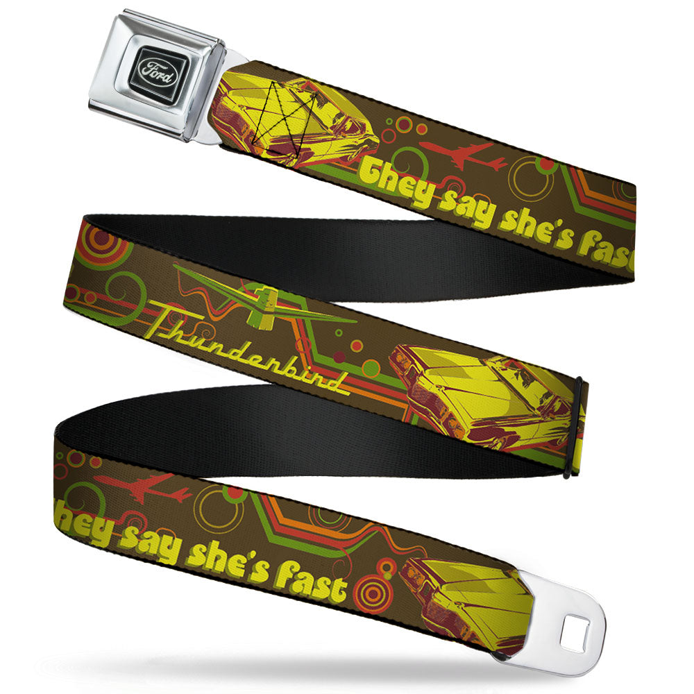 Ford Emblem Seatbelt Belt - Vintage Ford THUNDERBIRD-THEY SAY SHE'S FAST Browns/Yellows Webbing Seatbelt Belts Ford