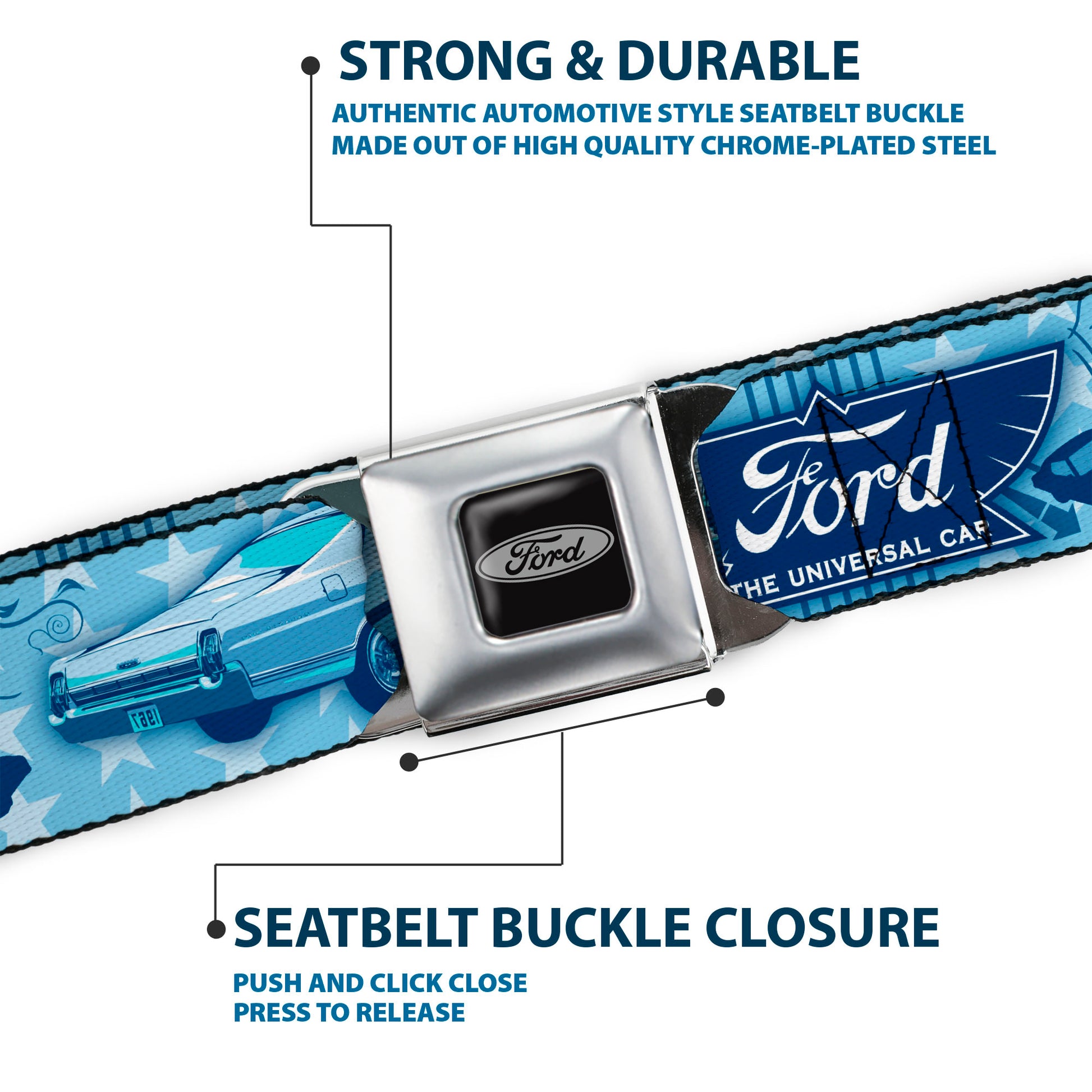 Ford Emblem Seatbelt Belt - Vintage Ford Logo/1967 Galaxie 500/Stars Blues Webbing Seatbelt Belts Ford