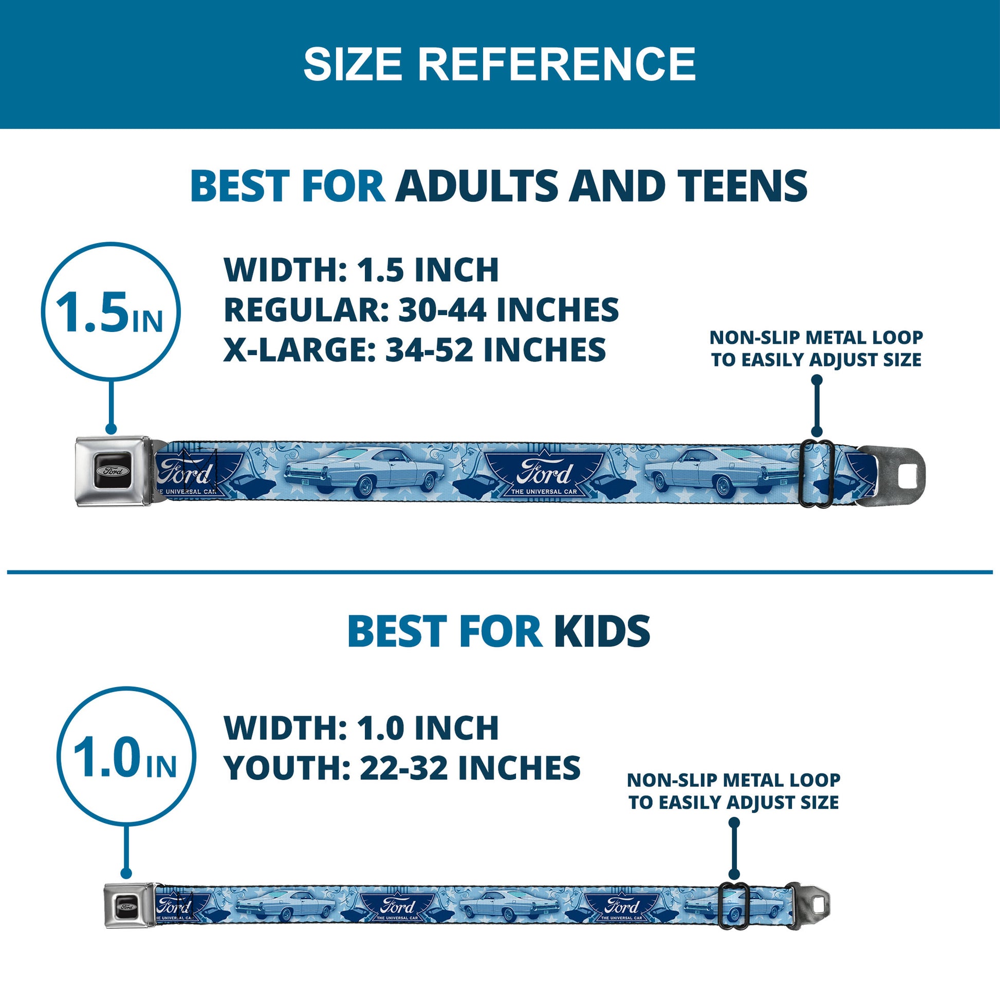 Ford Emblem Seatbelt Belt - Vintage Ford Logo/1967 Galaxie 500/Stars Blues Webbing Seatbelt Belts Ford