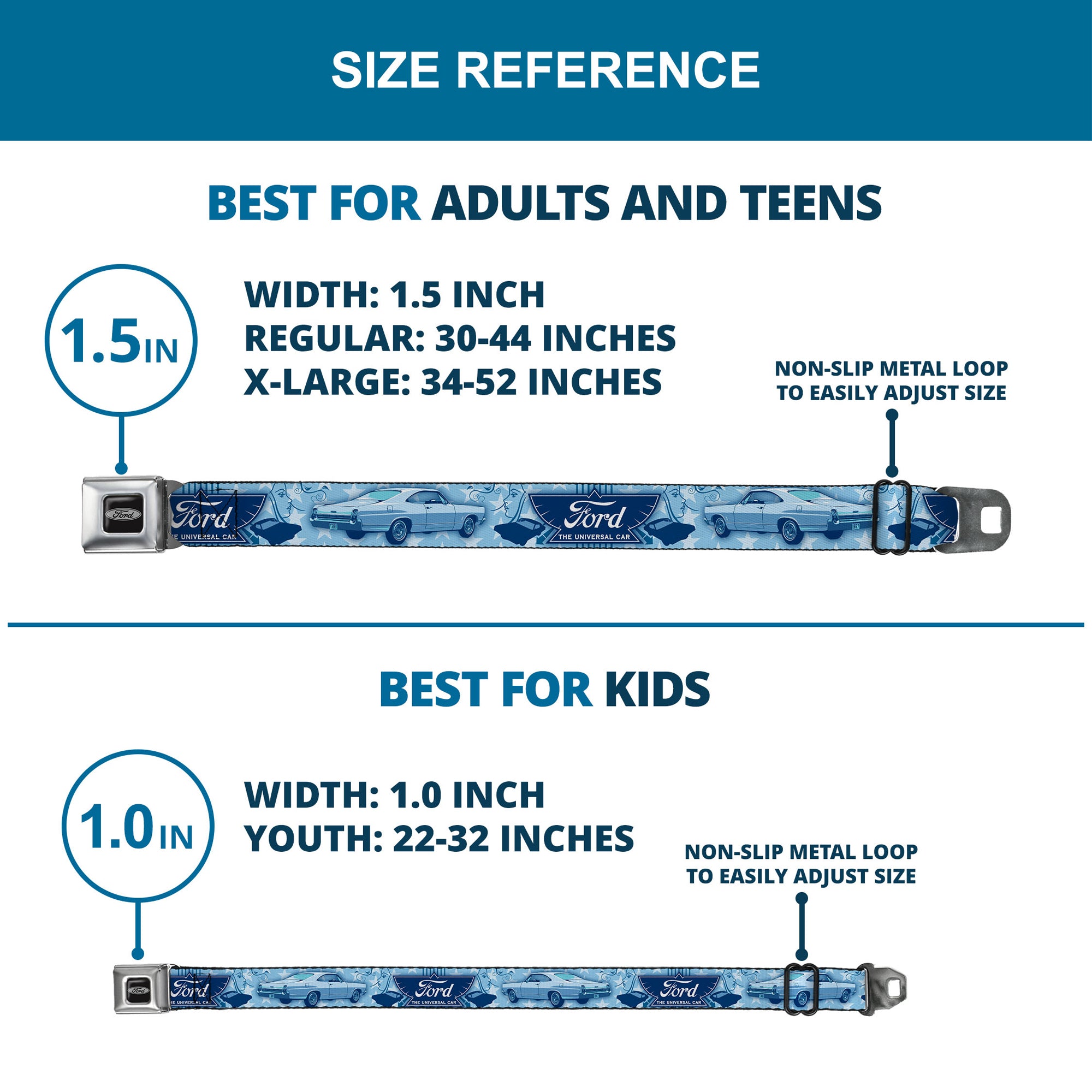 Ford Emblem Seatbelt Belt - Vintage Ford Logo/1967 Galaxie 500/Stars Blues Webbing Seatbelt Belts Ford