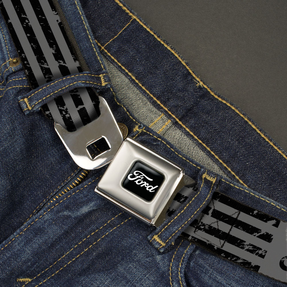 FORD Script Full Color Black/White Seatbelt Belt - FORD Script Stripe Blocks Weathered Gray/Black Webbing Seatbelt Belts Ford